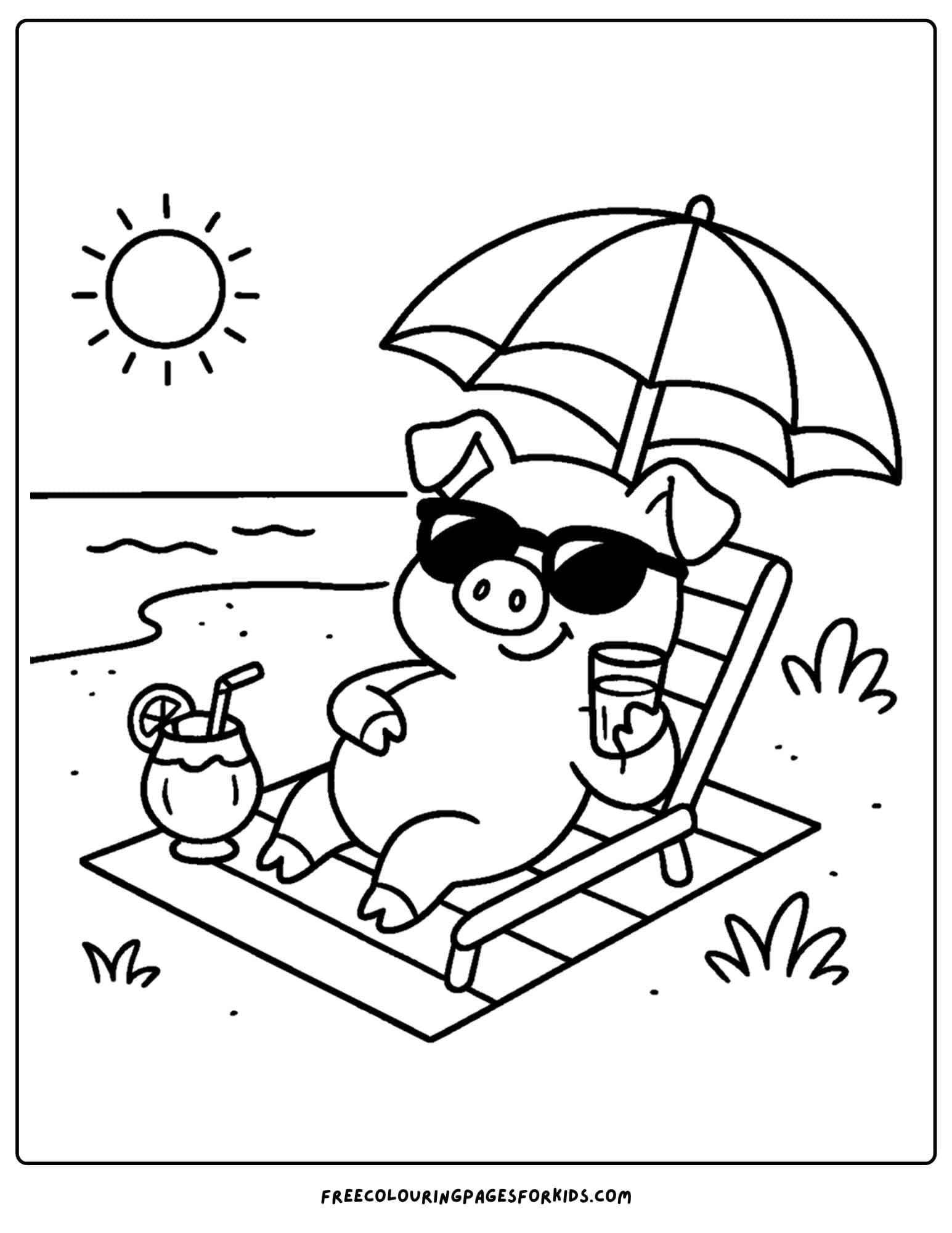 a pig by the beach under an umbrella