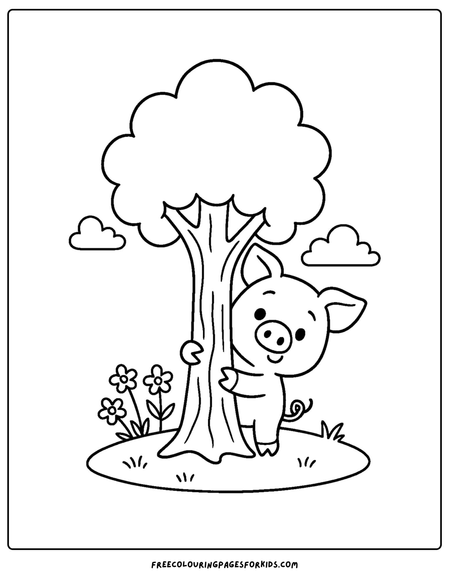 a pig playing hide and seek behind a tree