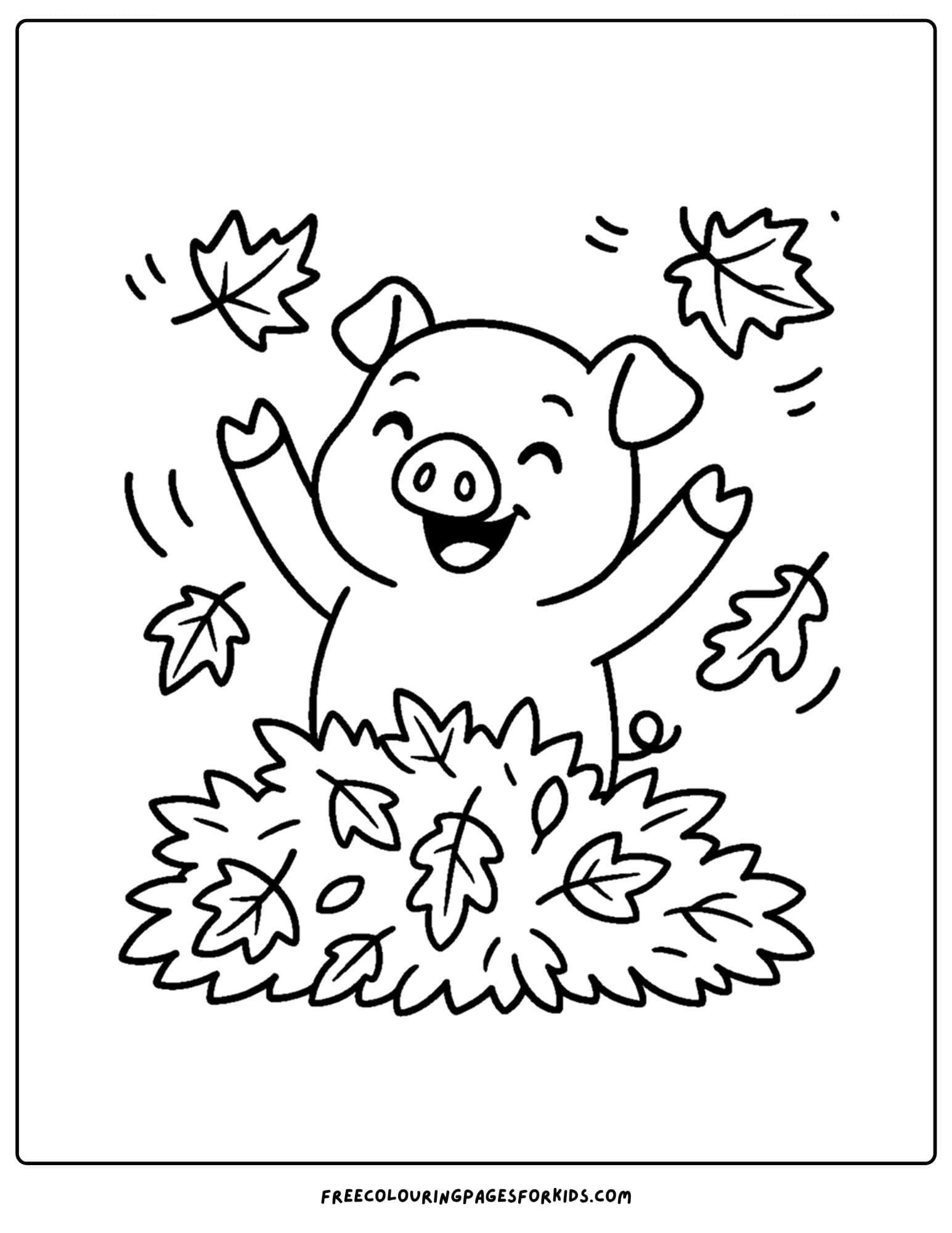 a pig playing in the fall leaves