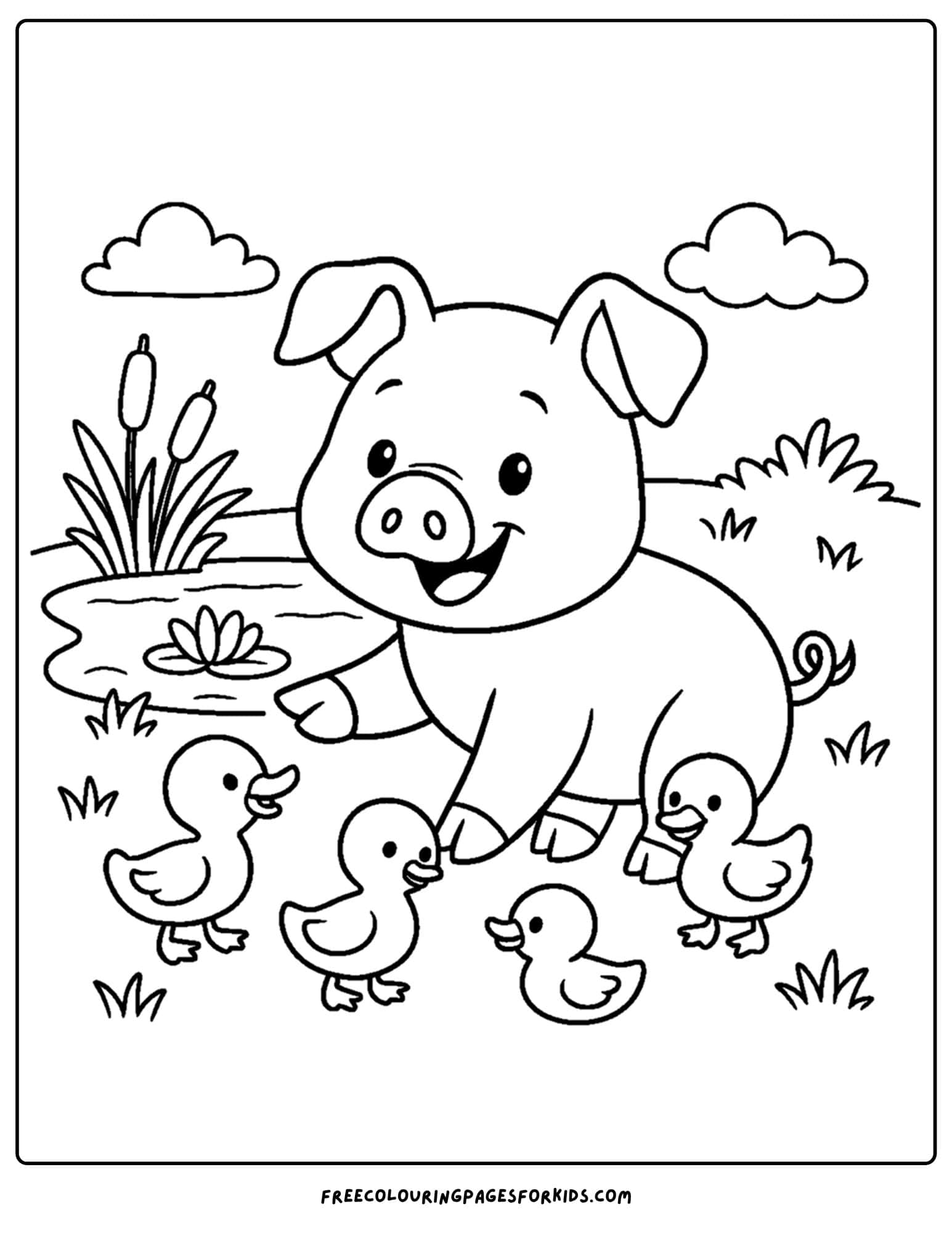 a pig playing with ducklings