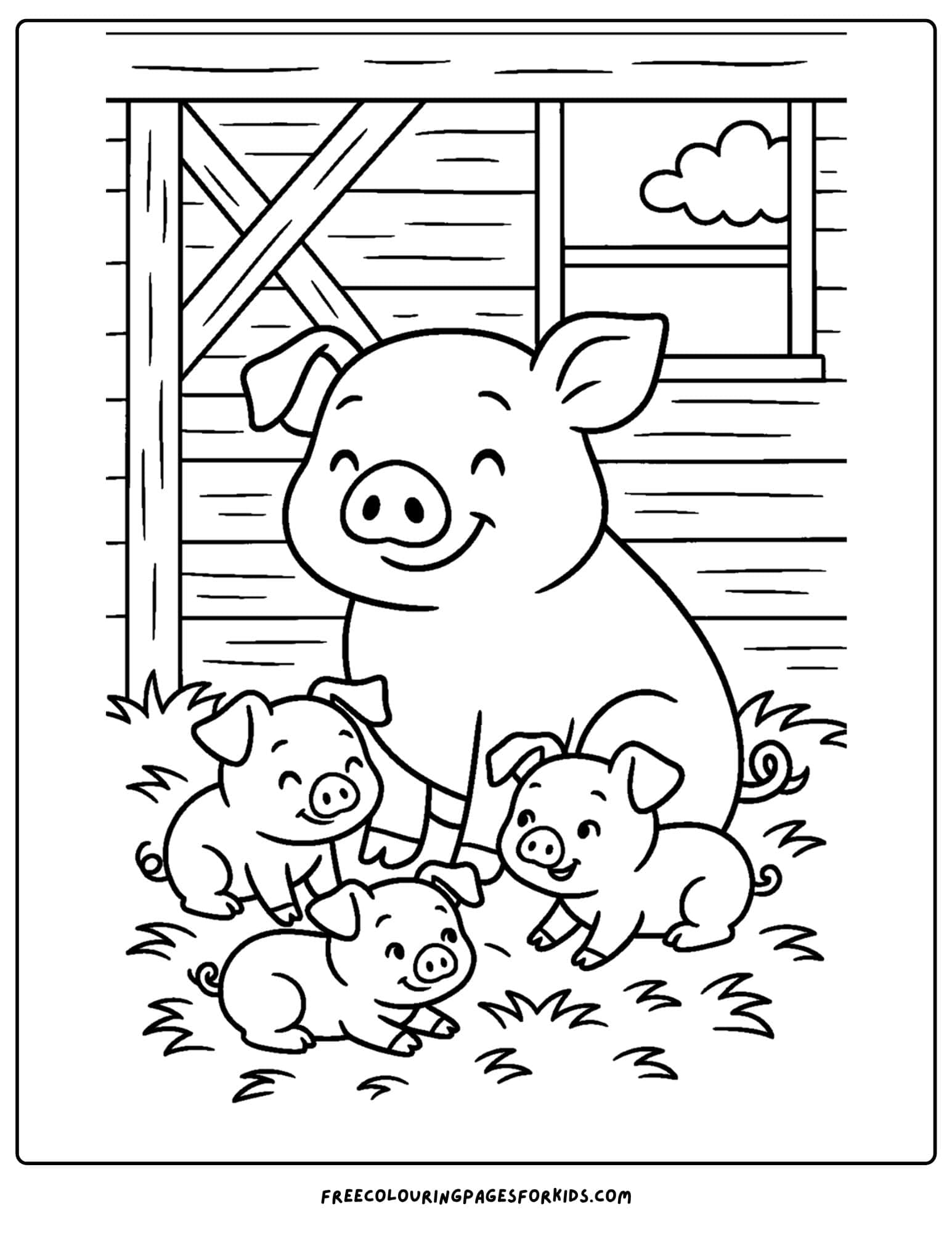 a mom pig and her piglets