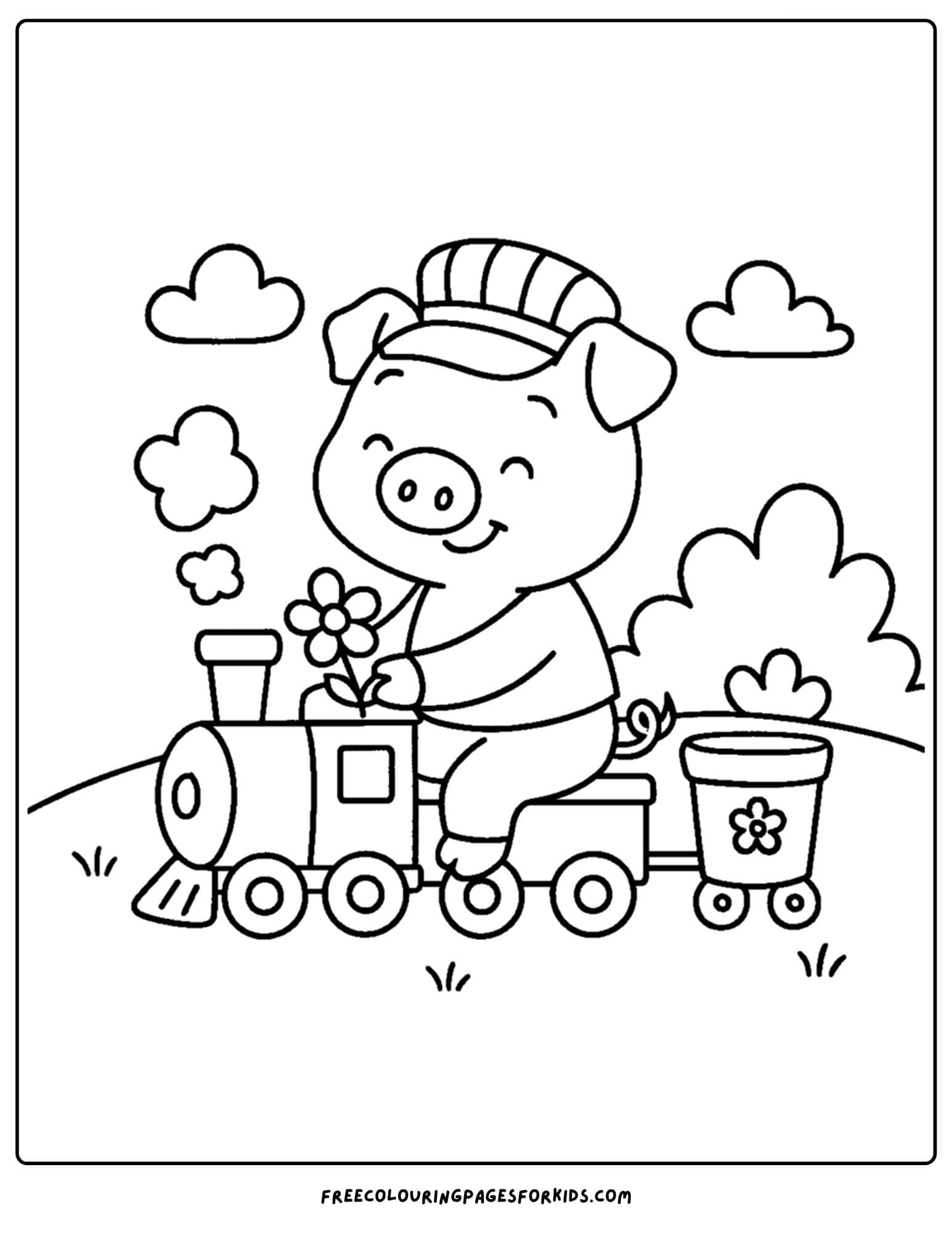 a pig riding a toy train