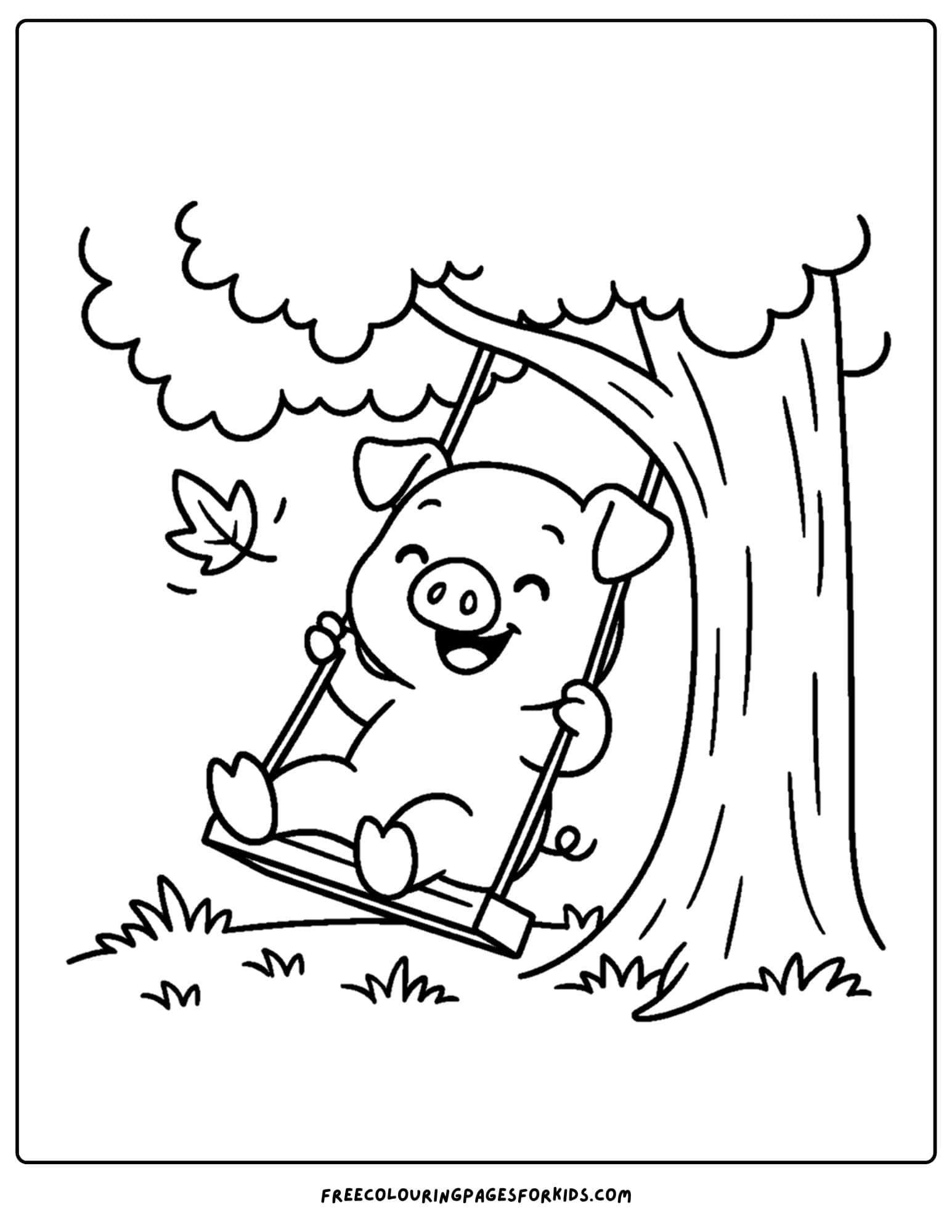 a pig swinging on a tree swing