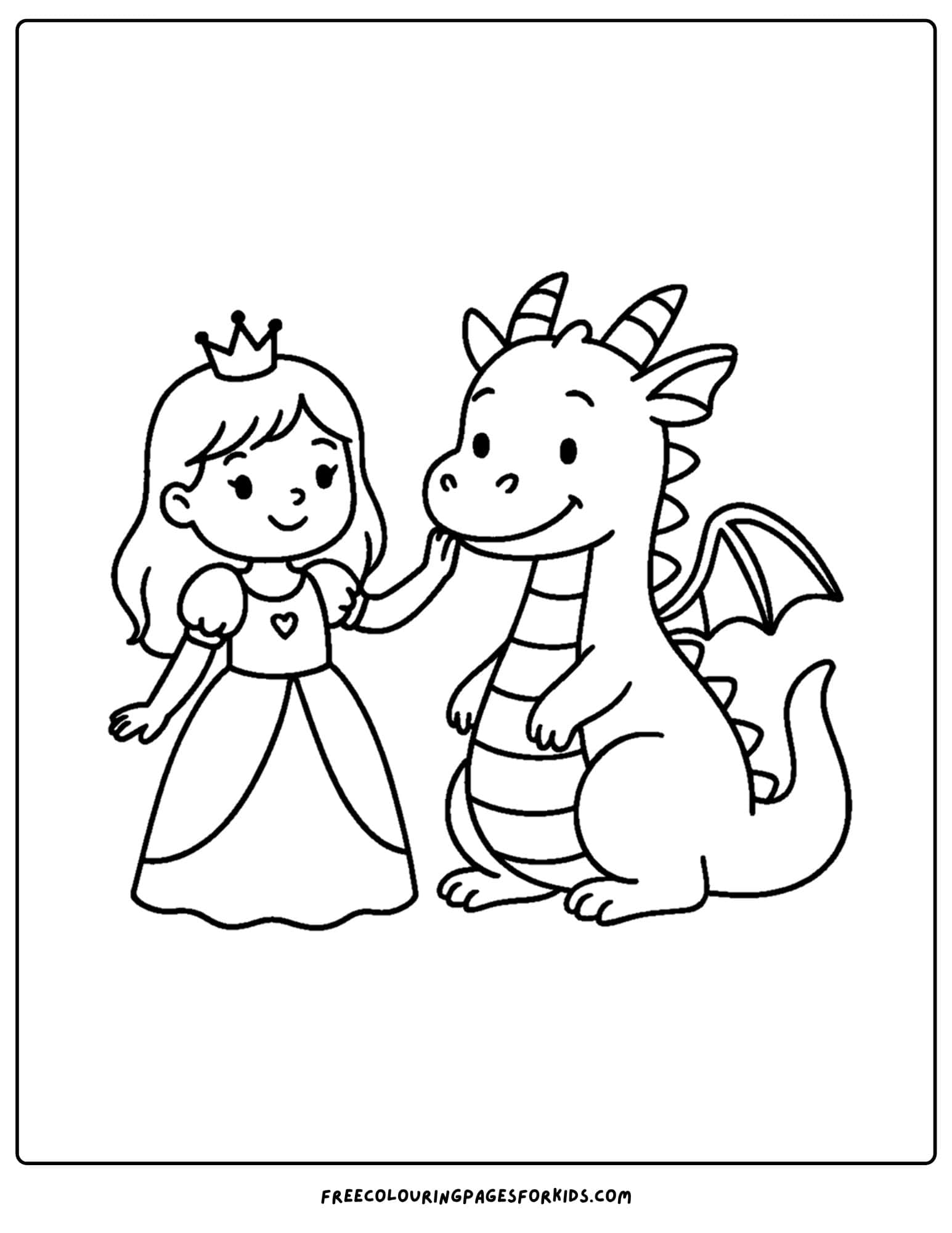 a princess coloring page with a dragon