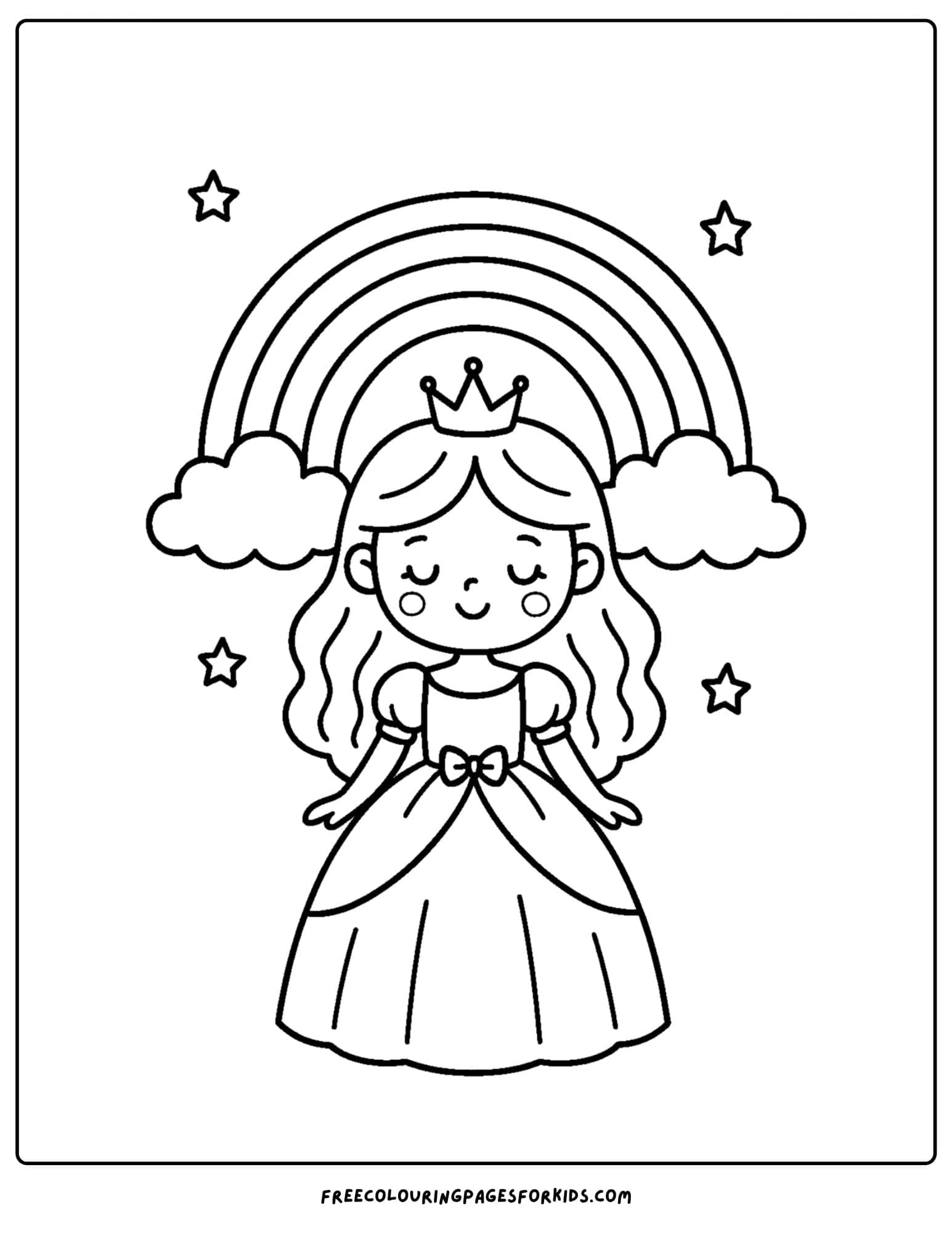 a princess coloring page of her standing below a rainbow