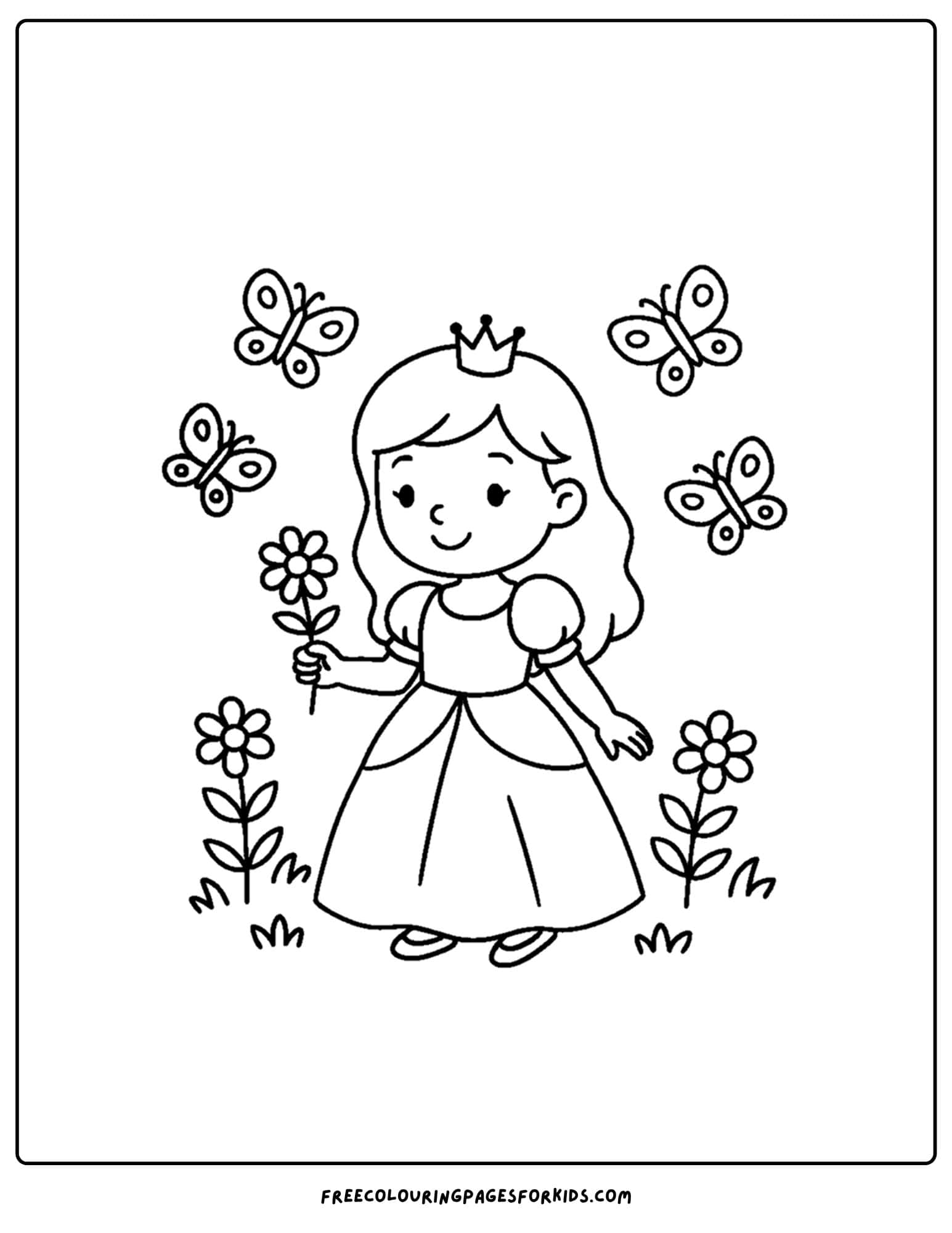a princess coloring page with butterflies around her