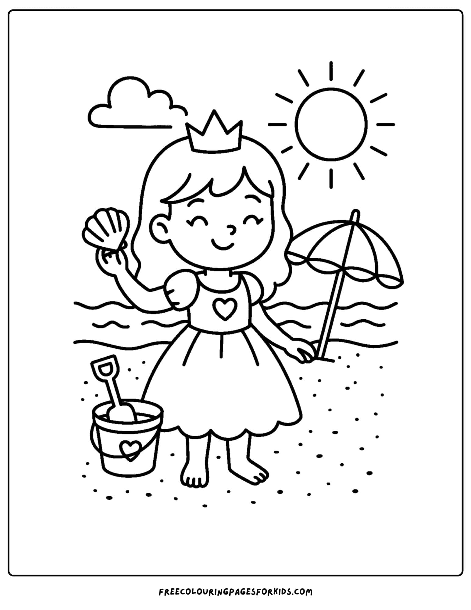a princess coloring page of her at the beach
