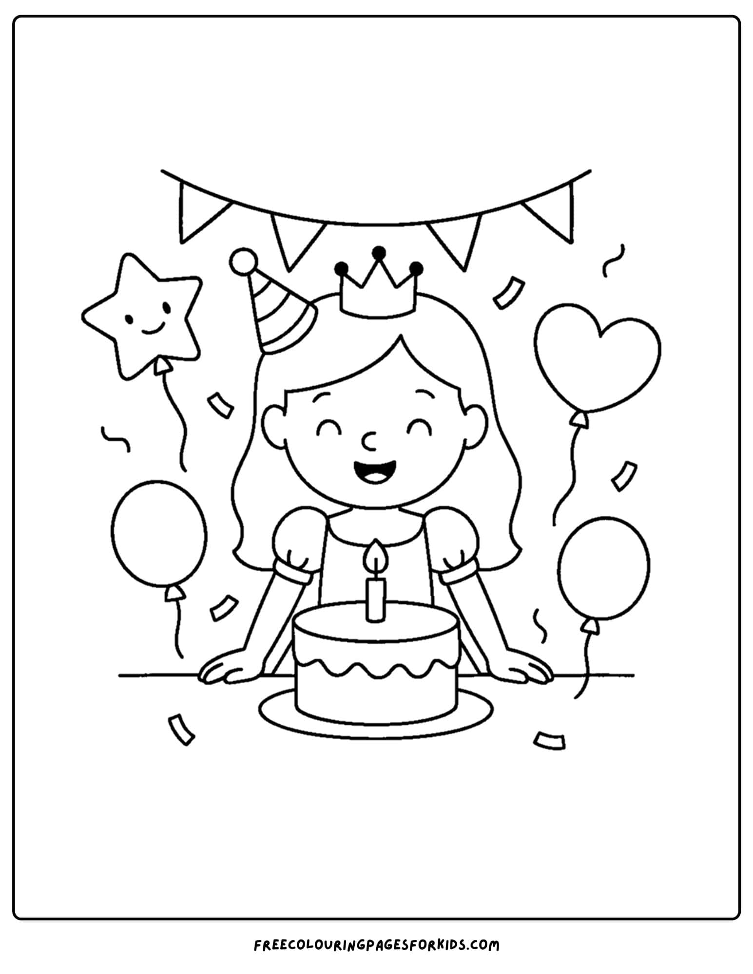 a princess coloring page of her celebrating a birthday
