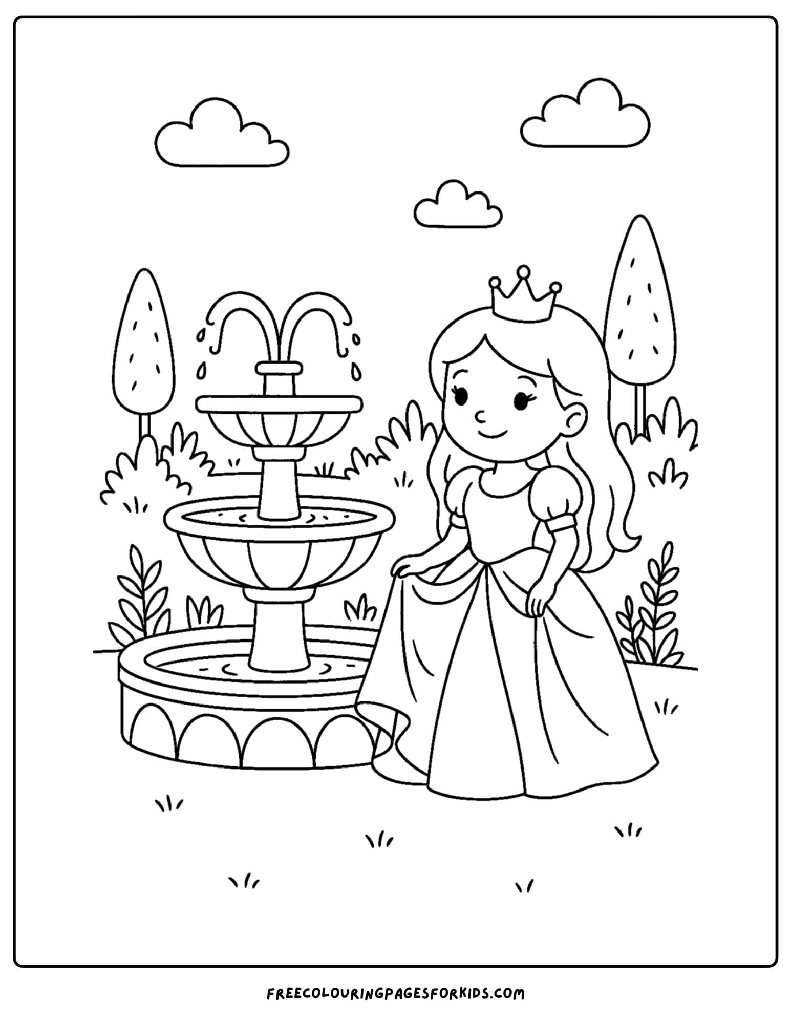 a princess coloring page in a royal garden by the fountain