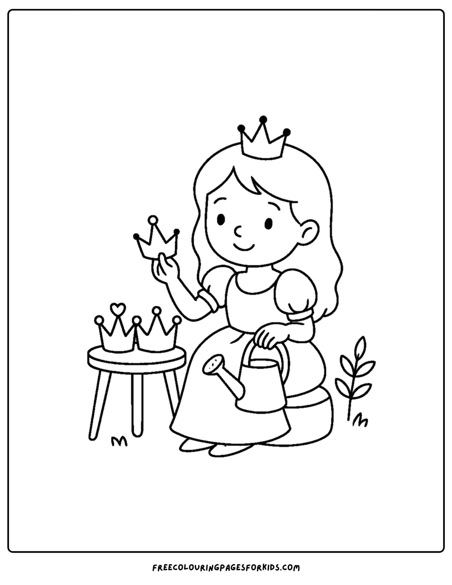 a princess coloring page of her looking at crowns on a stool