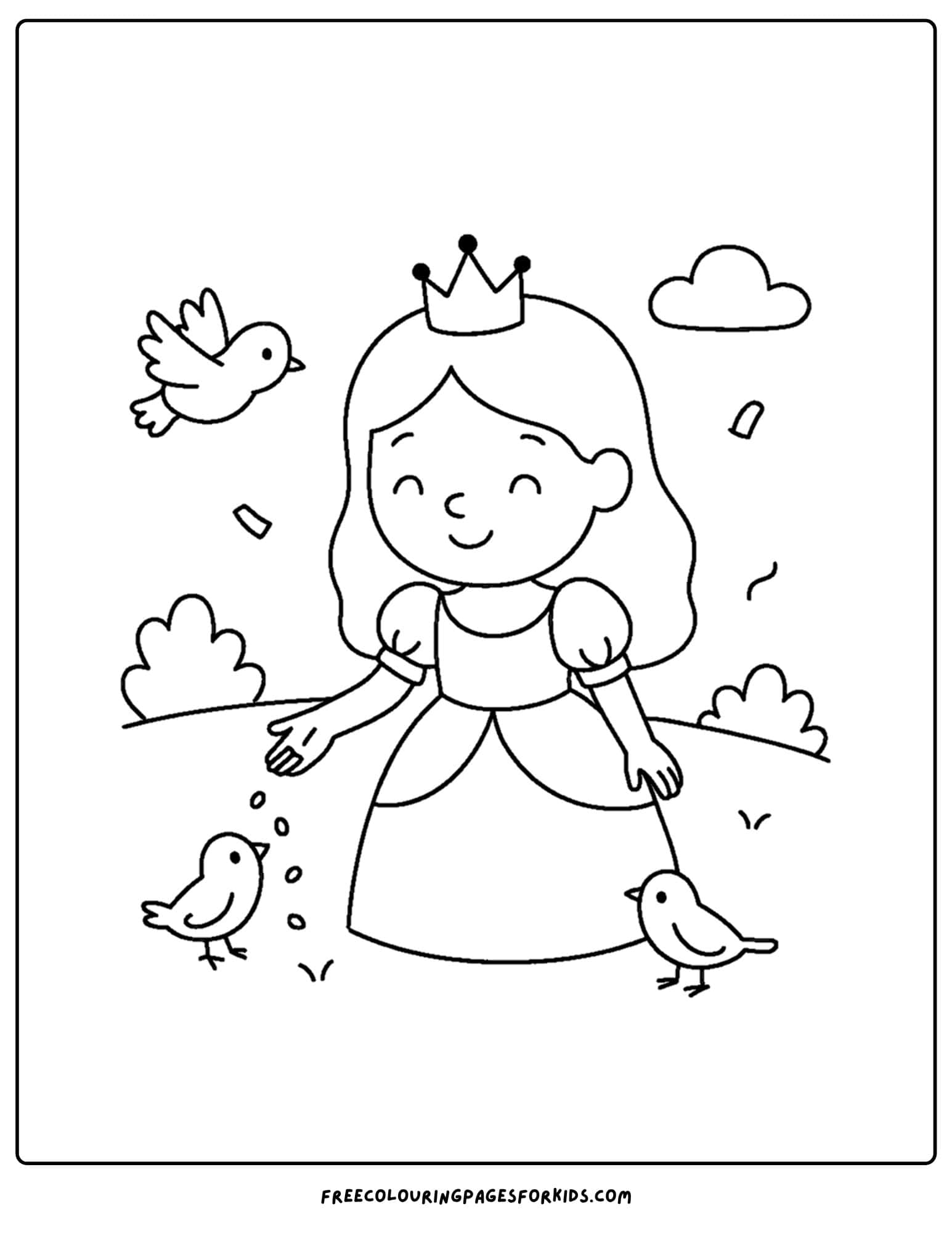 a princess coloring page feeding the birds in a meadow