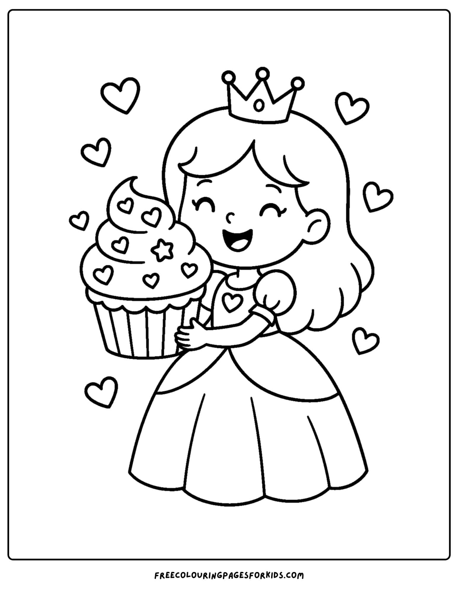 a princess coloring page of her holding a giant cupcake