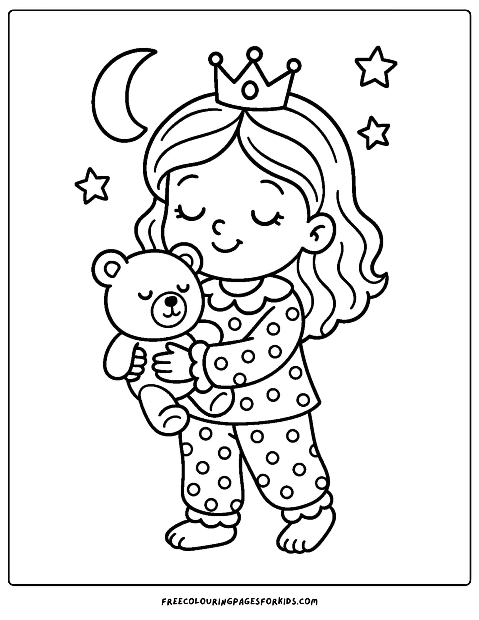 a princess coloring page all dressed in pjs and holding a teddy bear