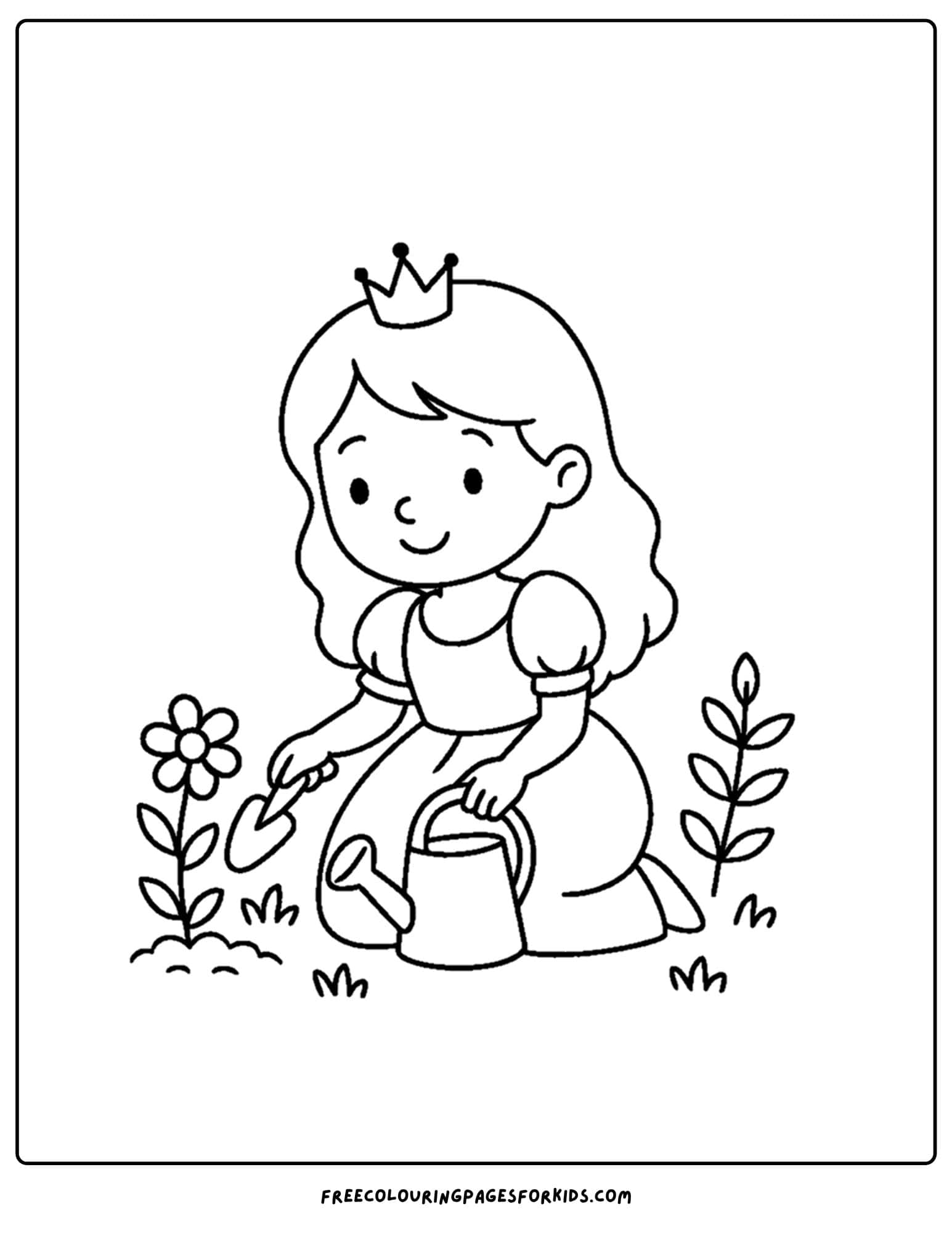 a princess coloring page of her doing some gardening