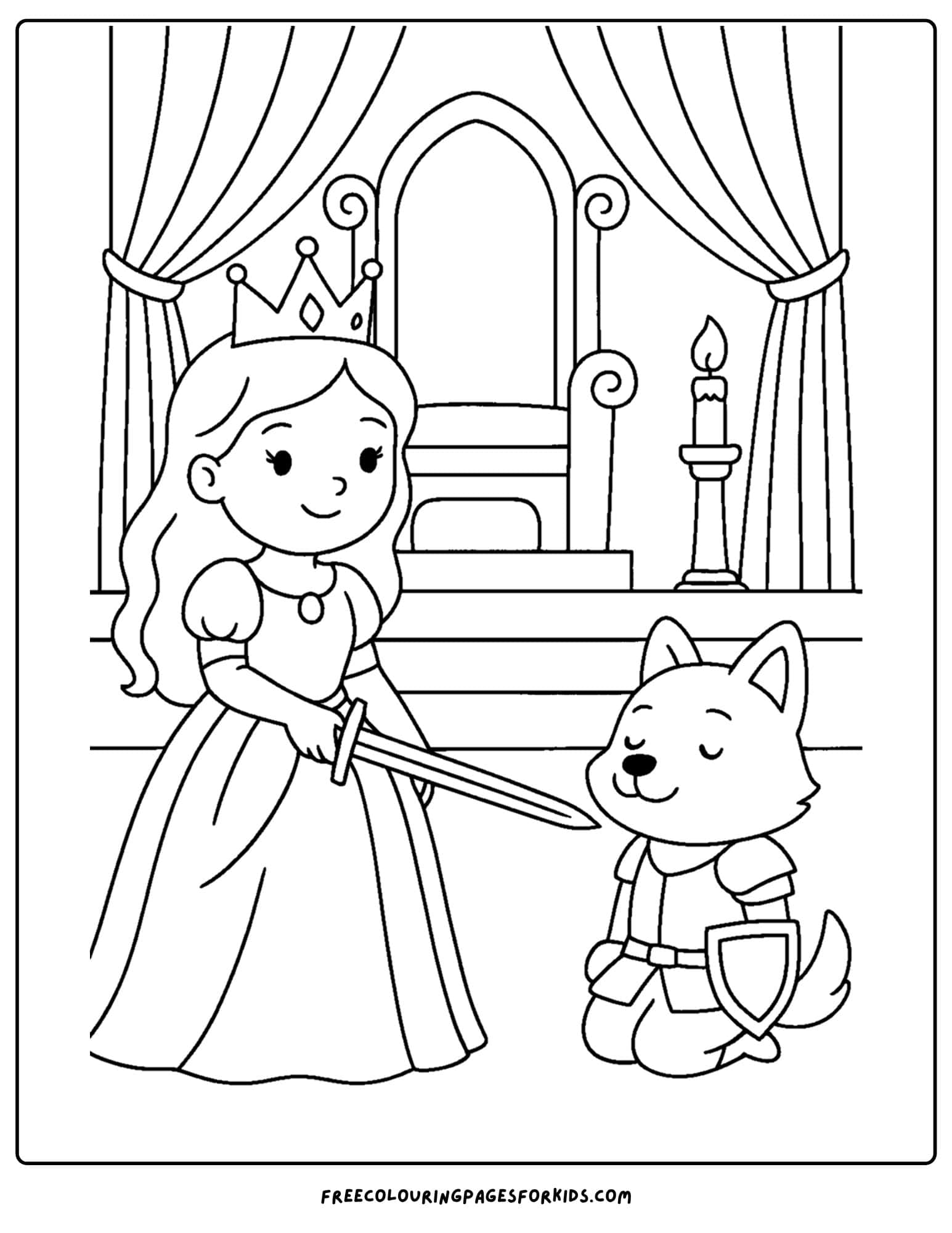 a princess coloring page of her knighting an animal friend
