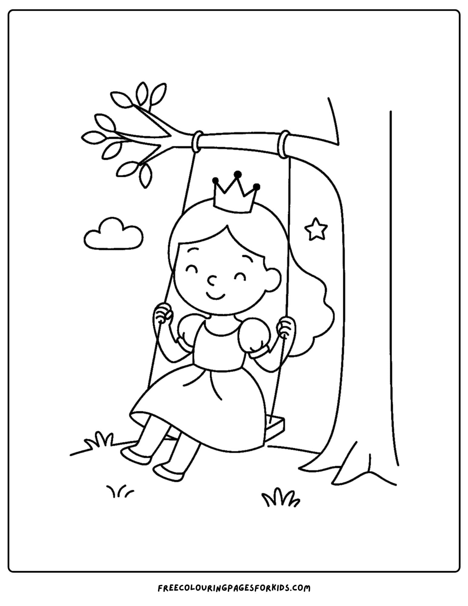a princess coloring page on a tree swing