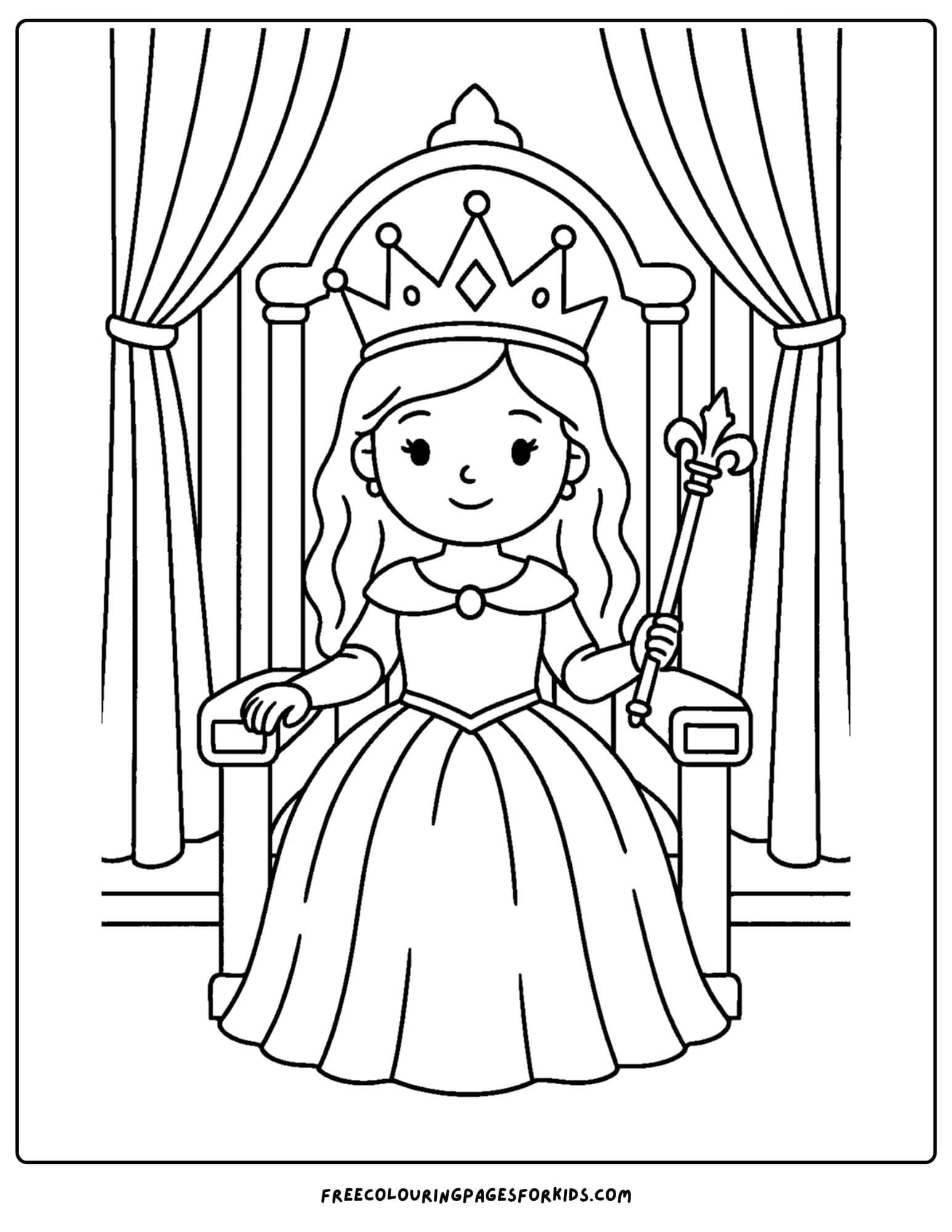 a princess coloring page  of her sitting on a throne