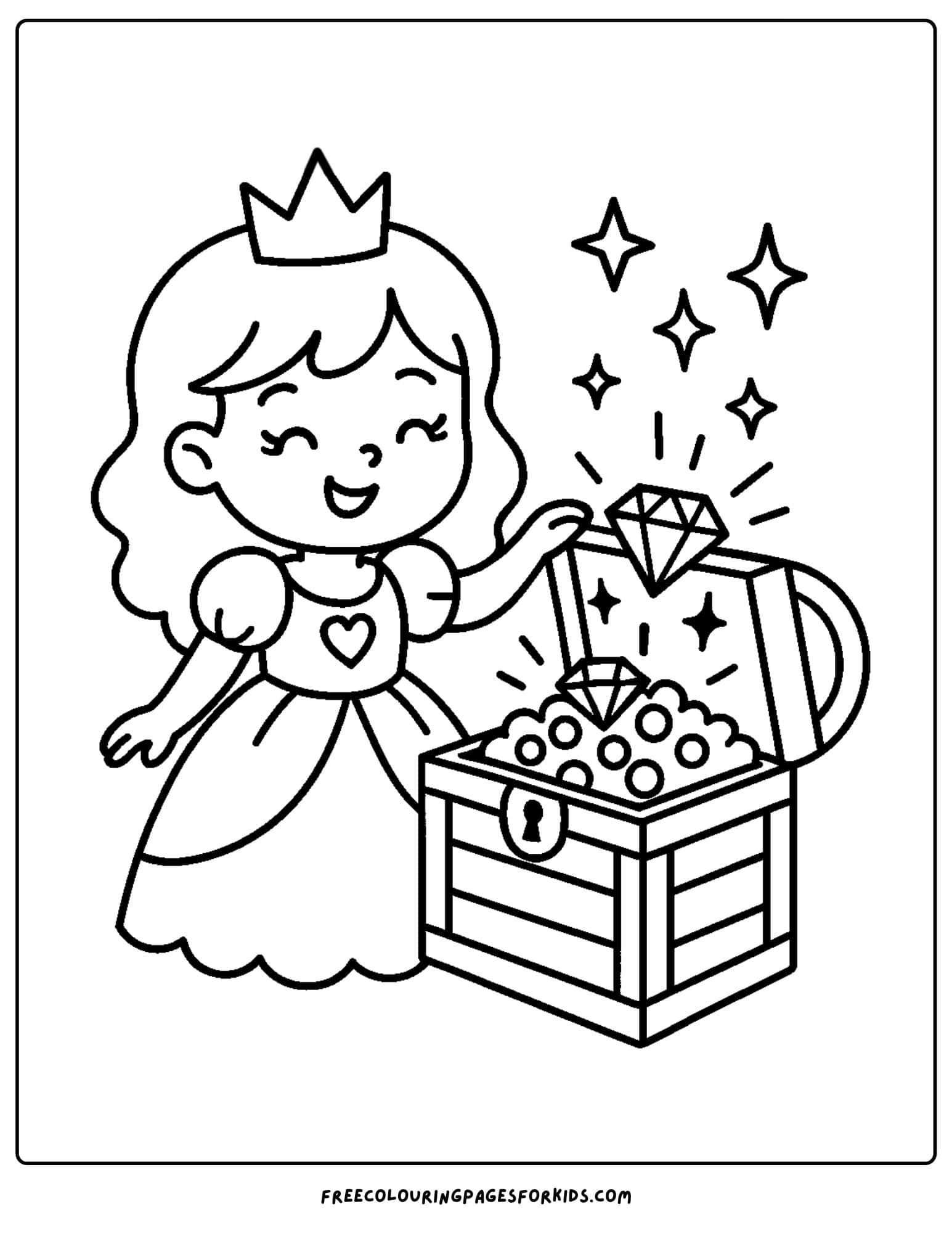 a princess coloring page of her opening a treasure chest full of jewels