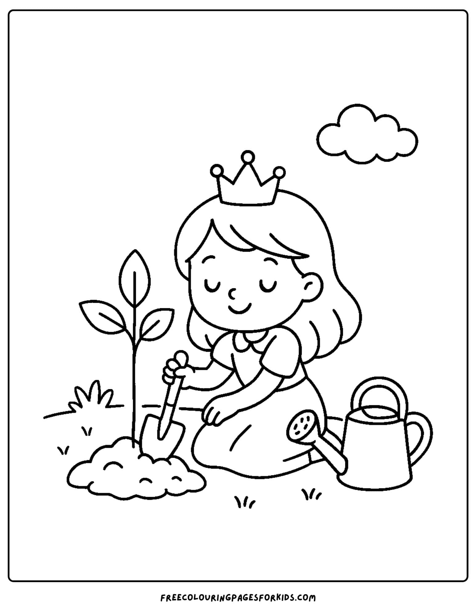 a princess coloring page of her planting a tree