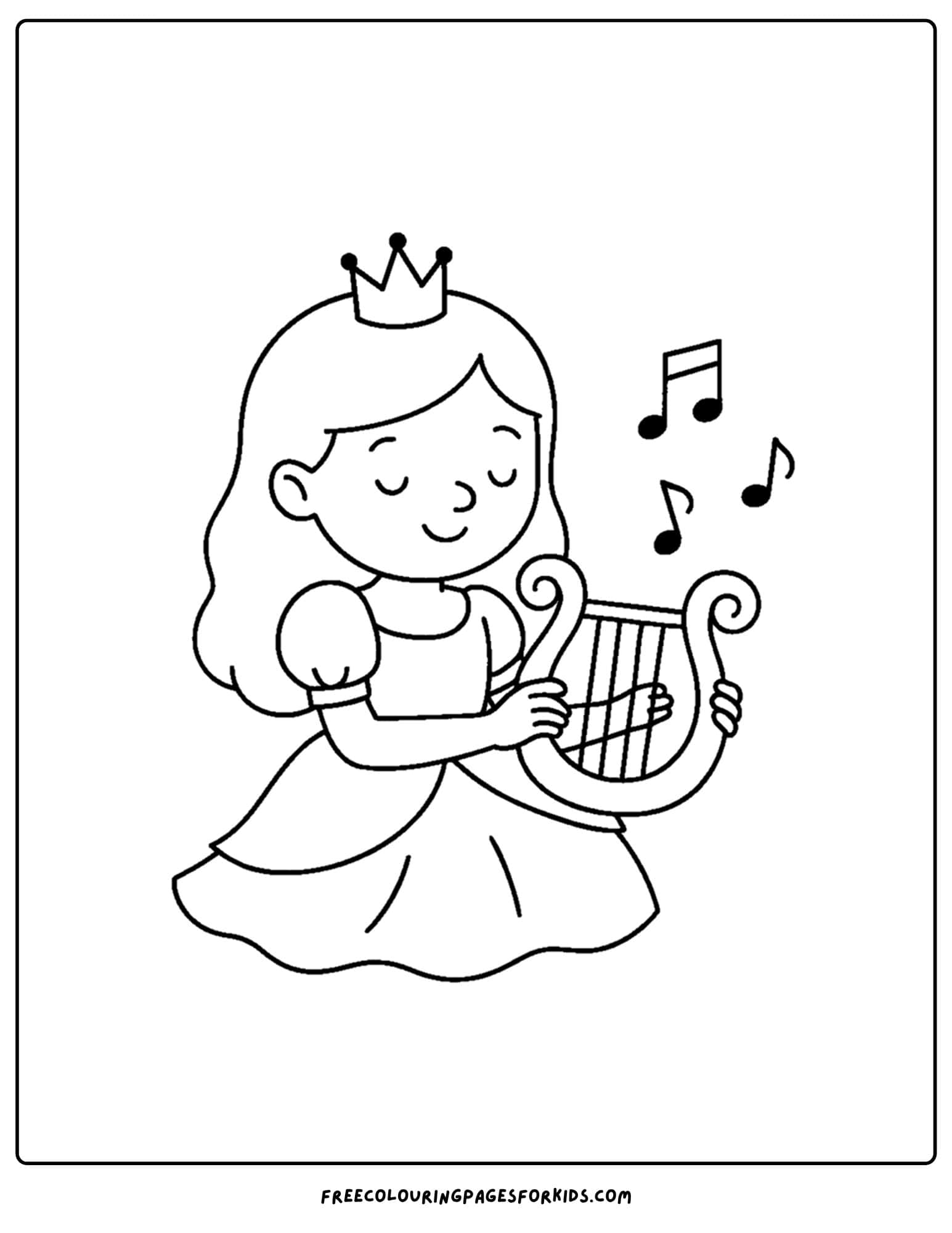 a princess coloring page of her playing a harp