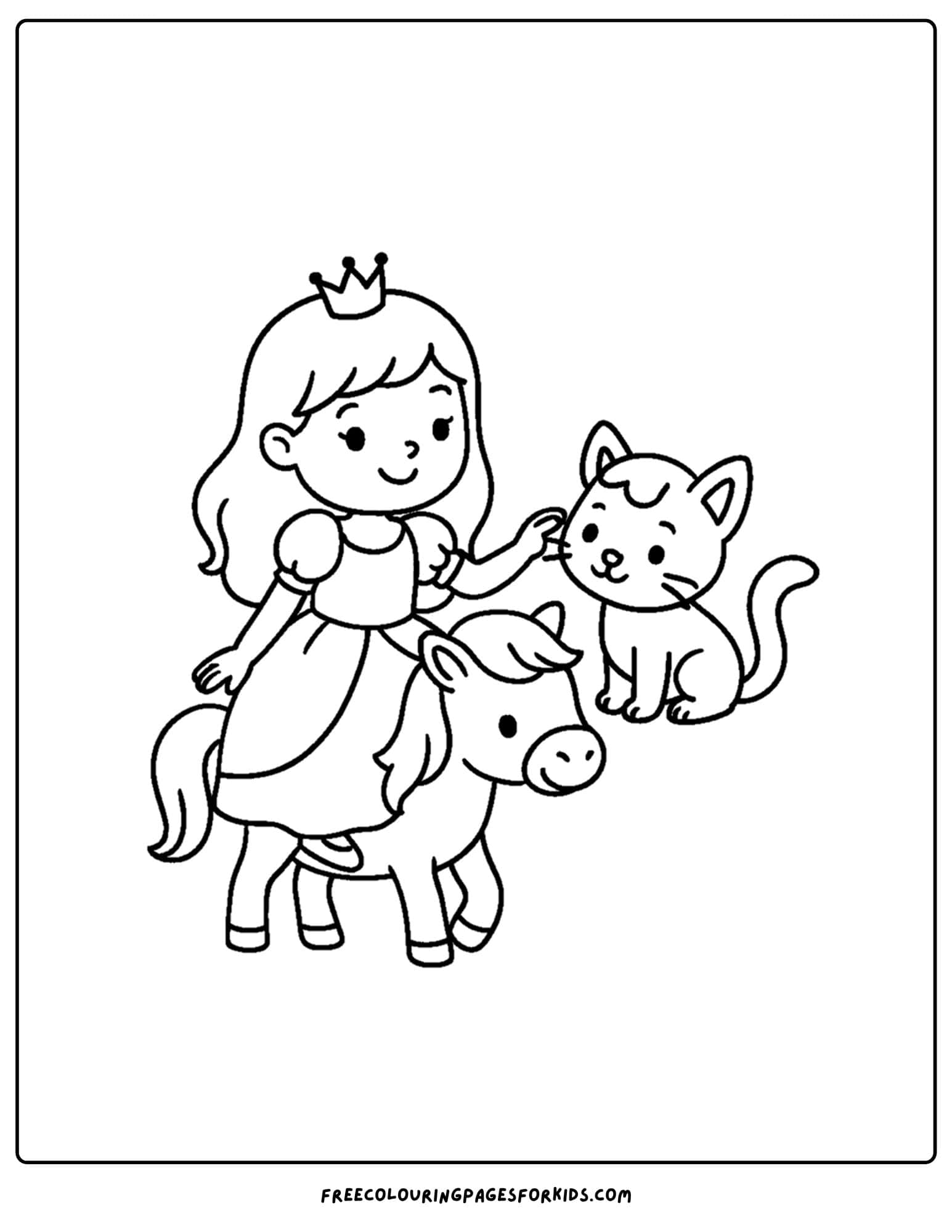 a princess coloring page of her riding a horse and a cat nearby