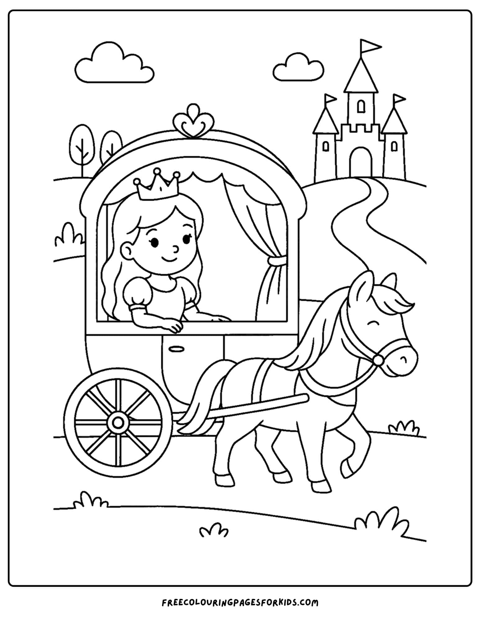 a princess coloring page of her riding in a carriage