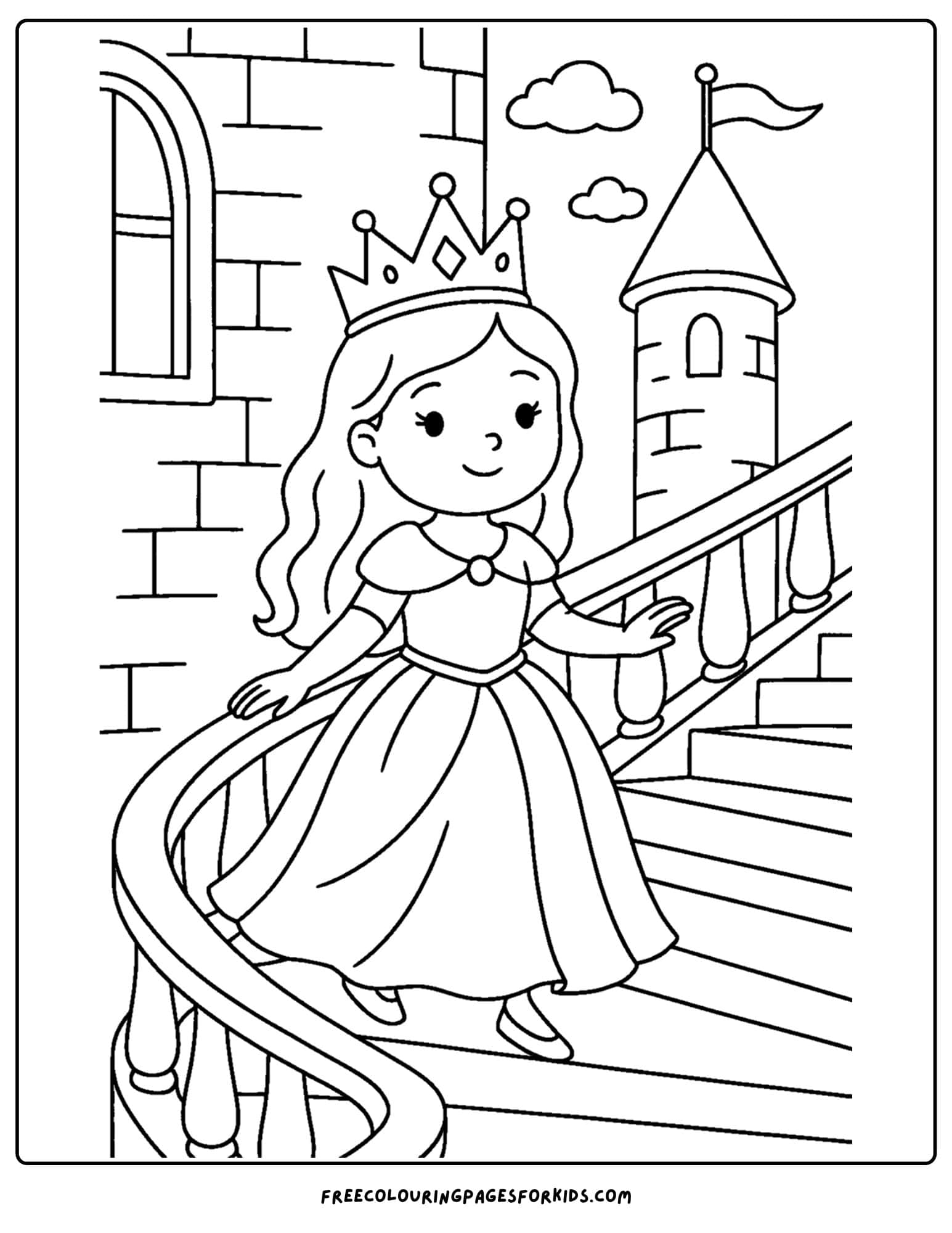 a princess coloring page of her walking down a castle staircase
