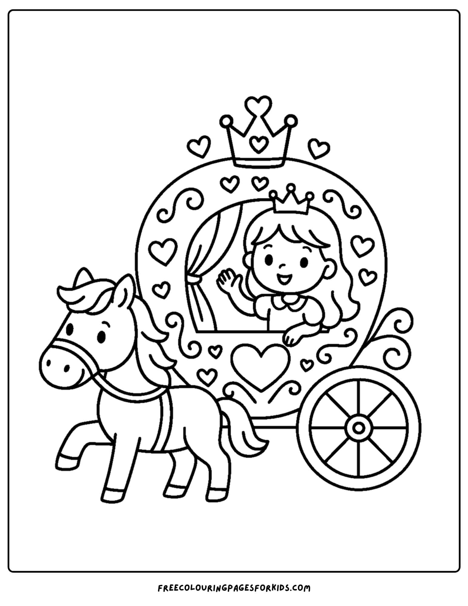 a princess coloring page of her waiving from a horse and carriage