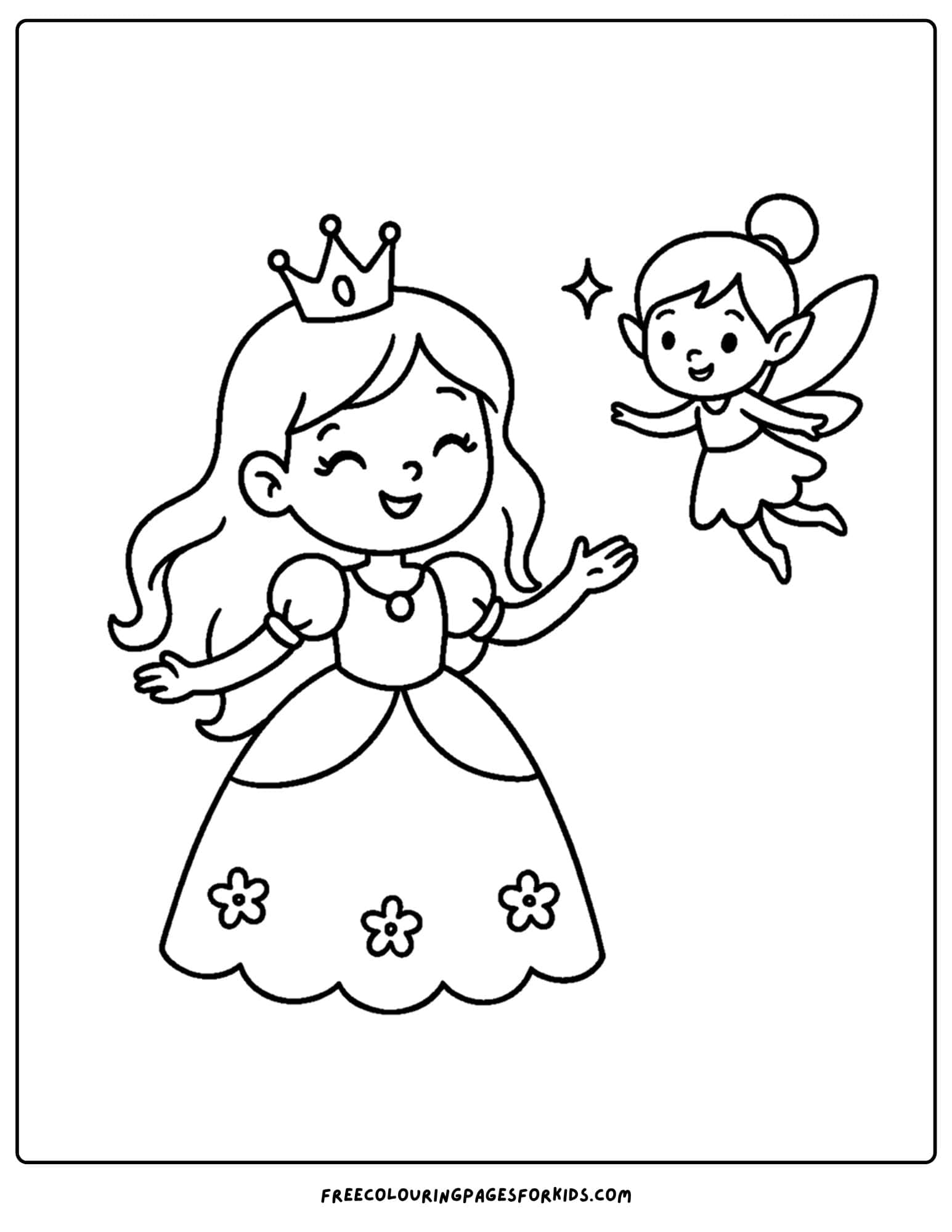 a princess coloring page with a fairy friend