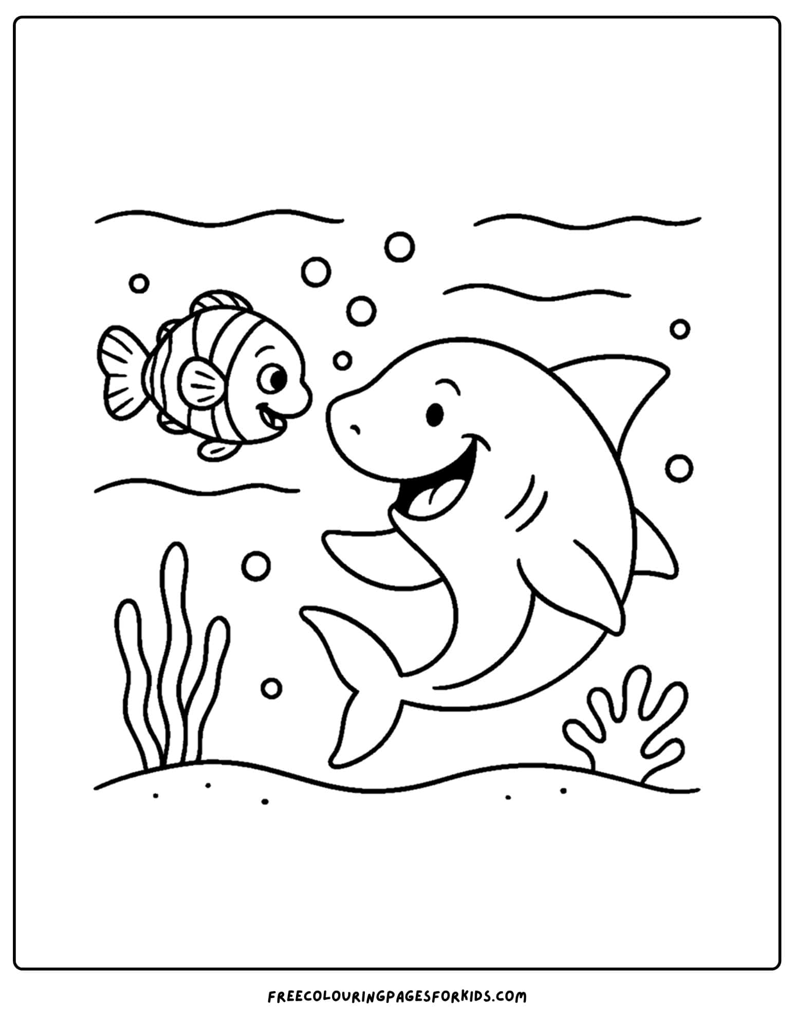a coloring page of a shark and a clownfish