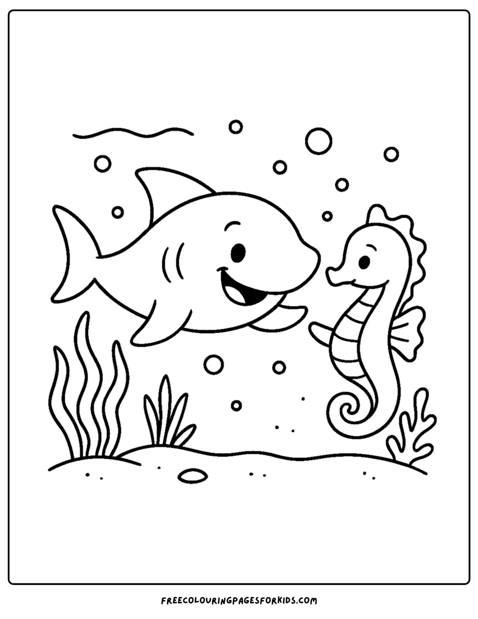 a coloring page of a shark and a seahorse