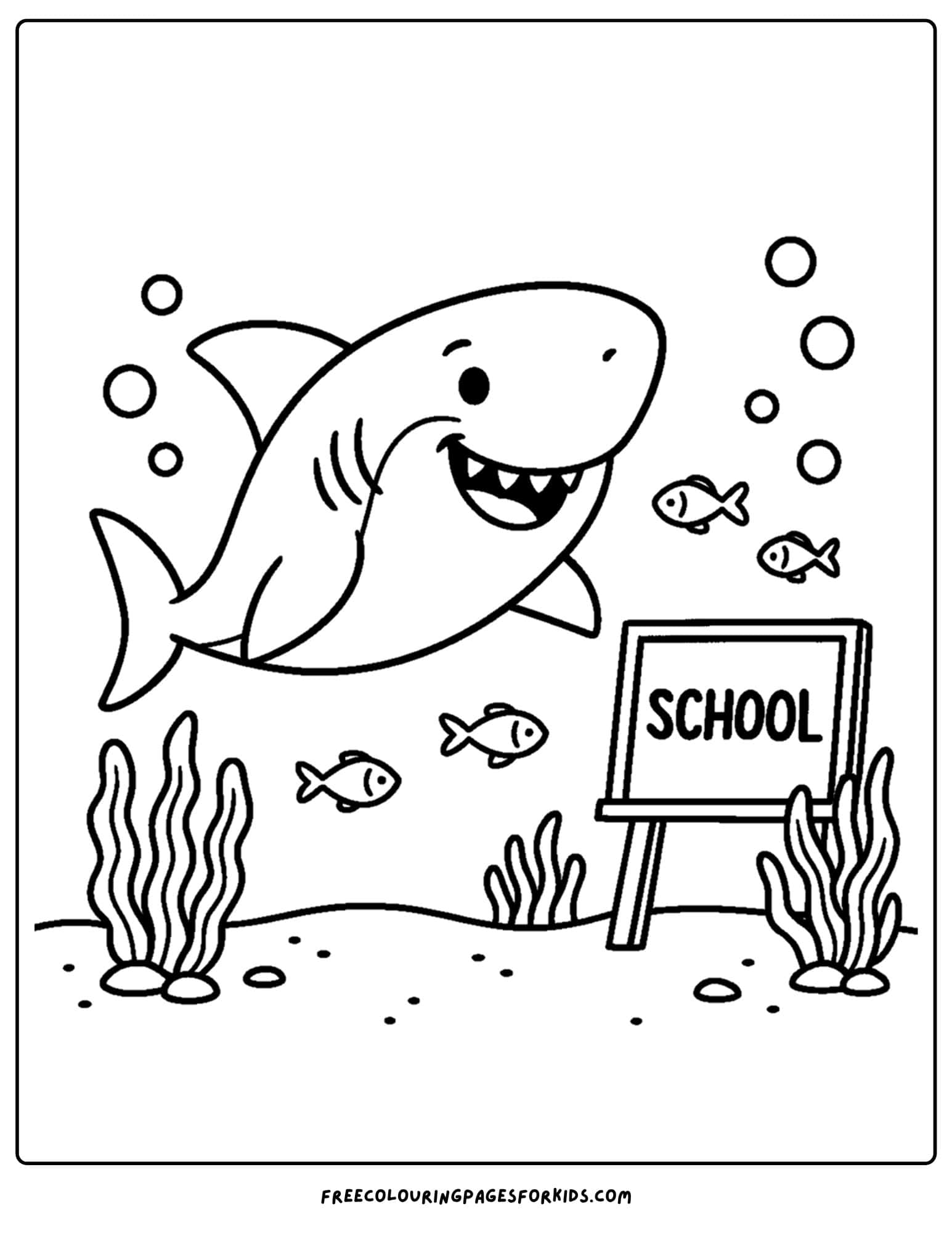 a coloring page of a shark going to underwater school
