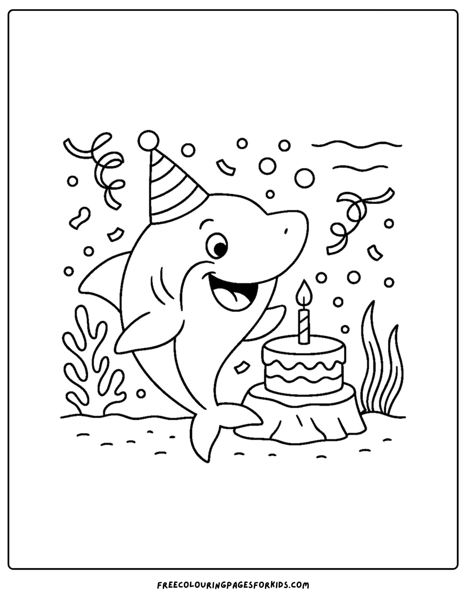 a coloring page of a shark celebrating a birthday