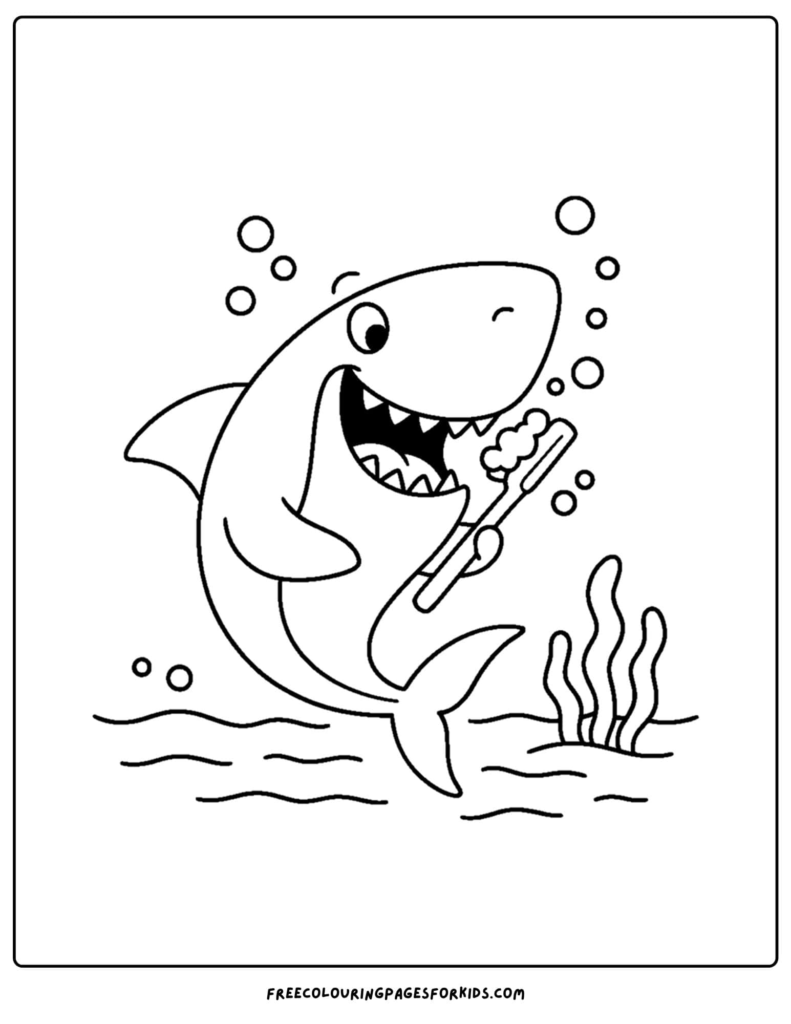 a coloring page of a shark brushing its teeth
