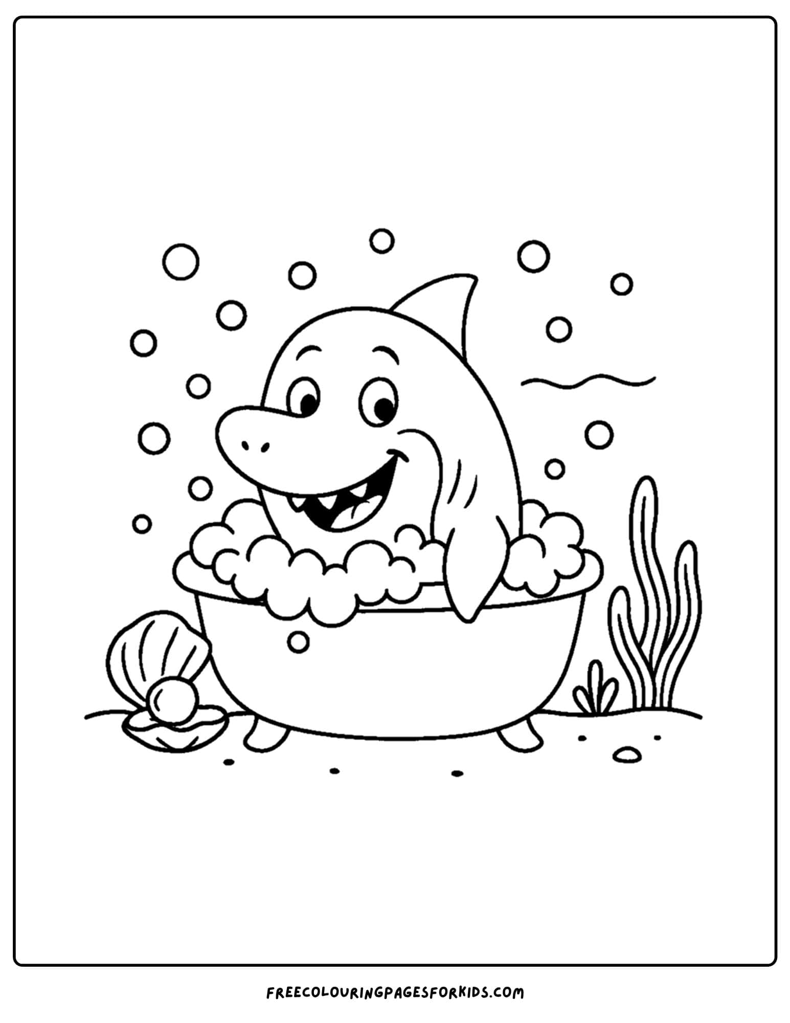 a coloring page of a shark having a bubble bath