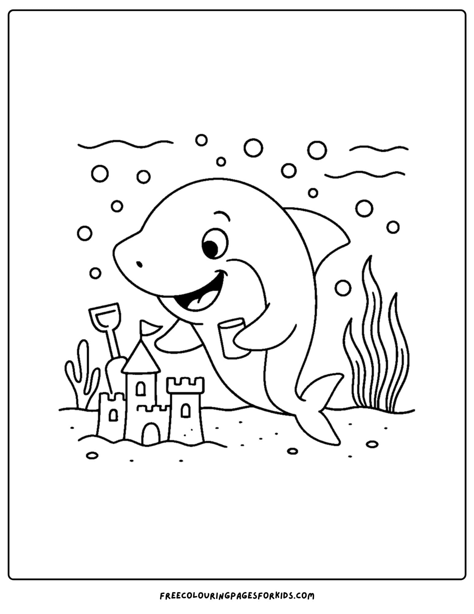 a coloring page of a shark building a sandcastle