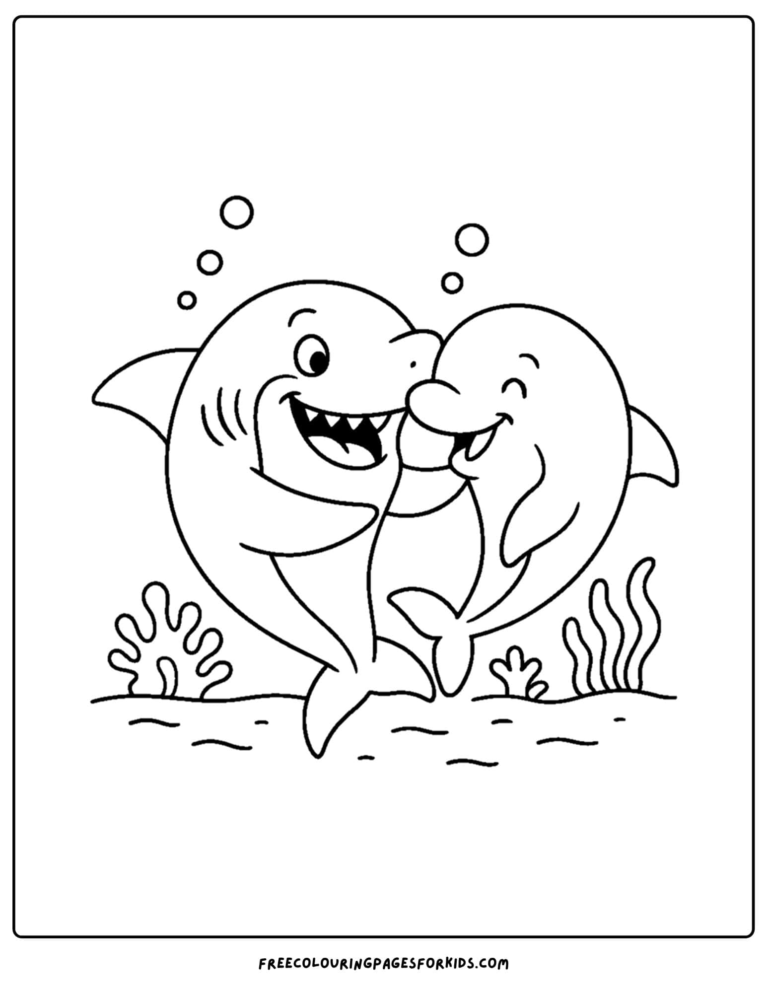 a coloring page of a shark and a dolphin friend