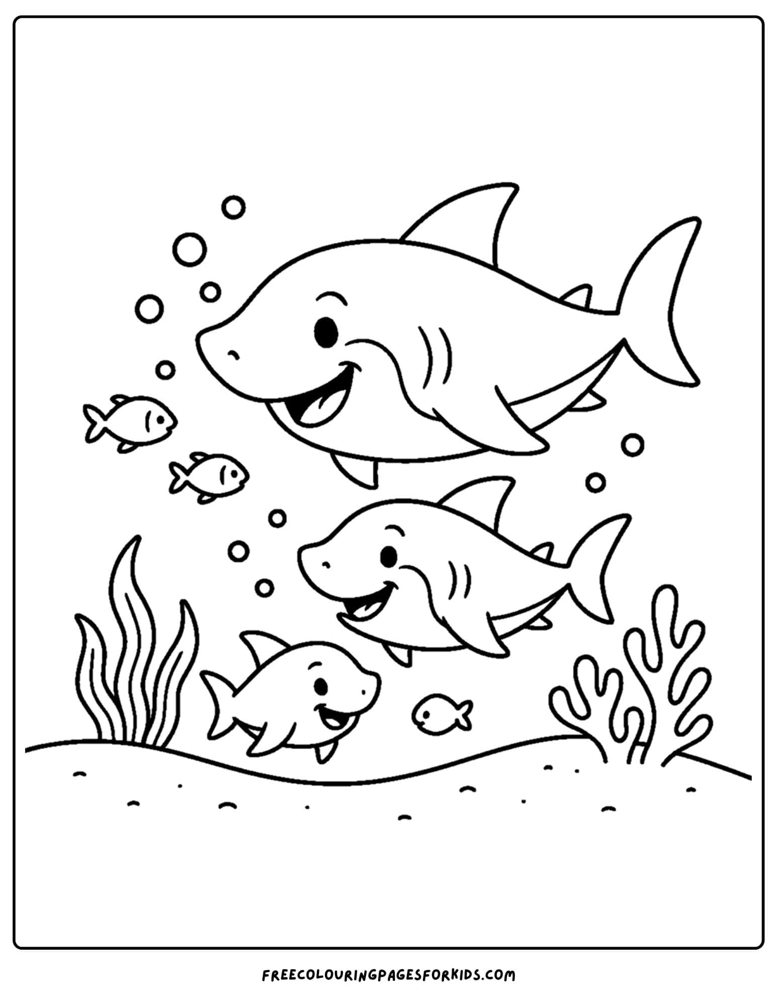a coloring page of a shark family