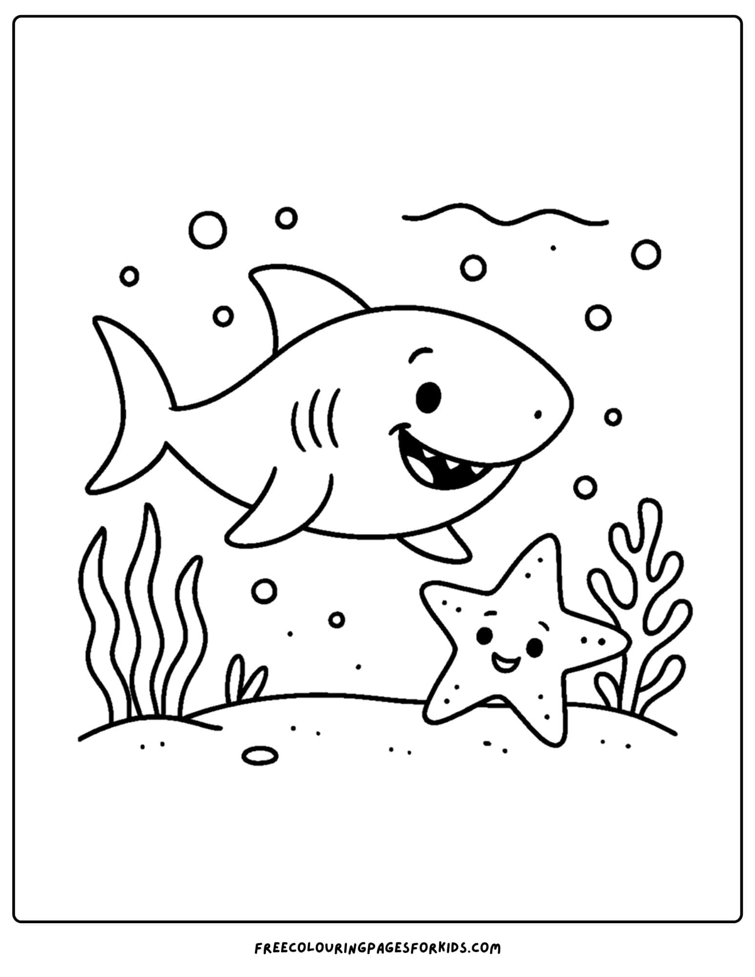 a coloring page of a shark and a starfish