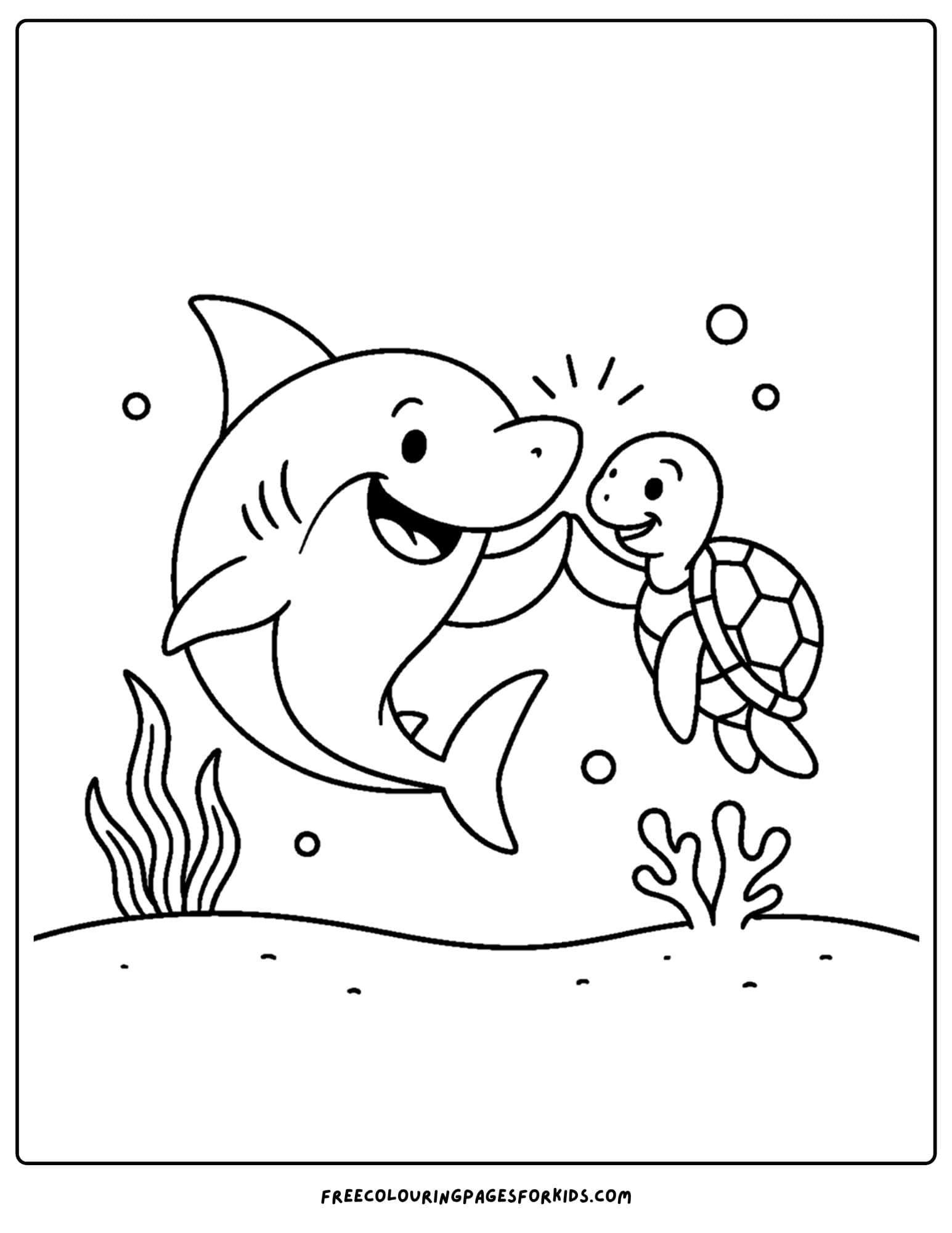 a coloring page of a shark giving a high five to a turtle