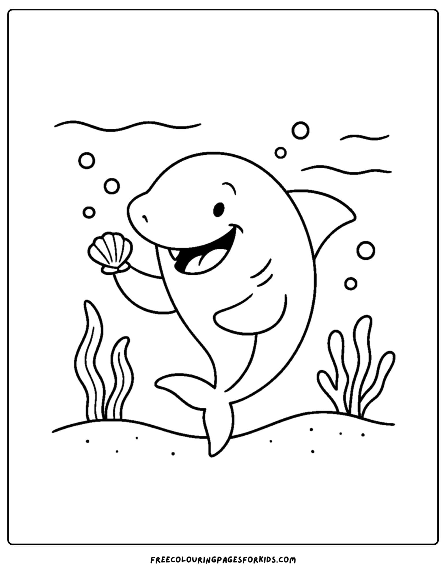 a coloring page of a shark holding a seashell