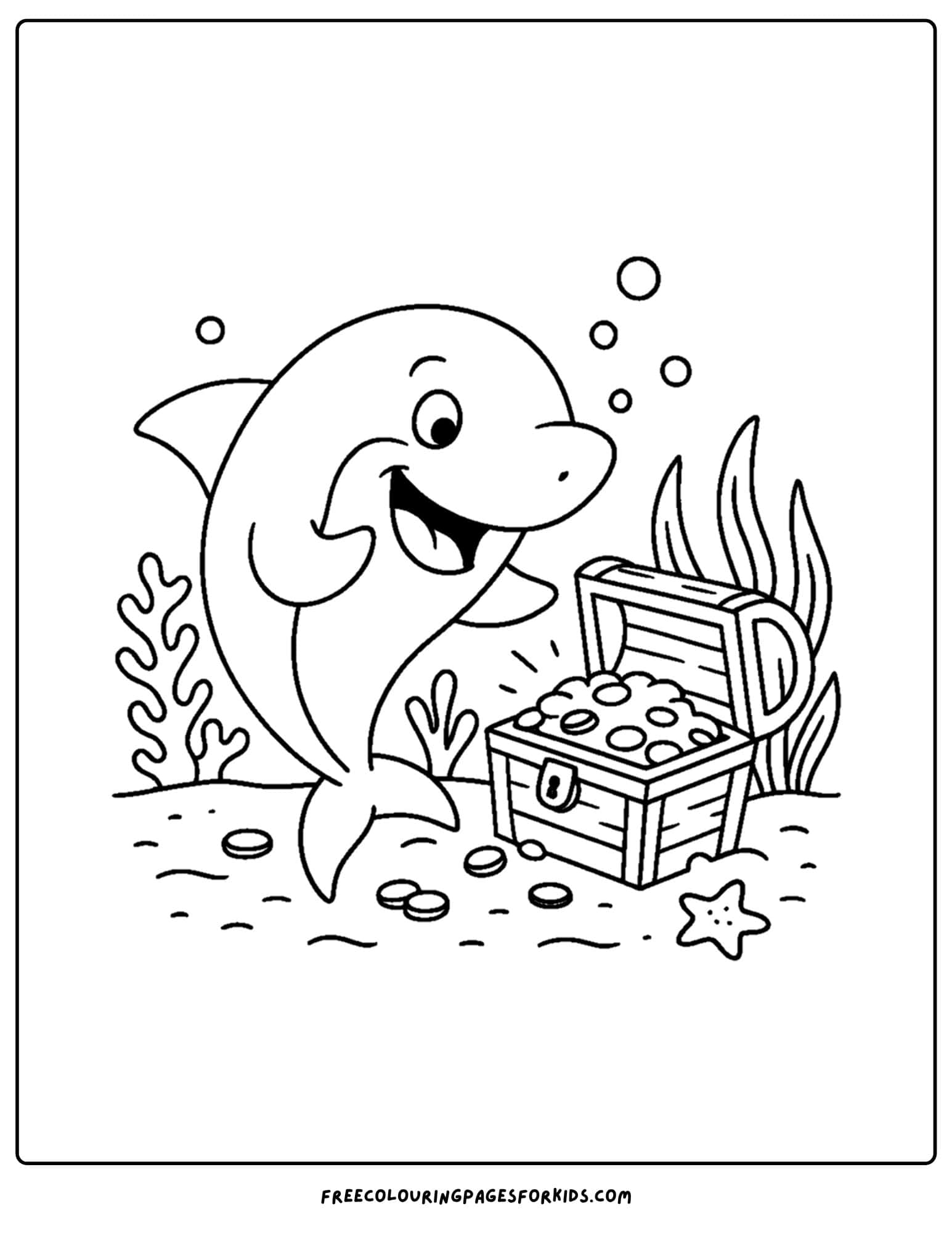 a coloring page of a shark finding a treasure chest