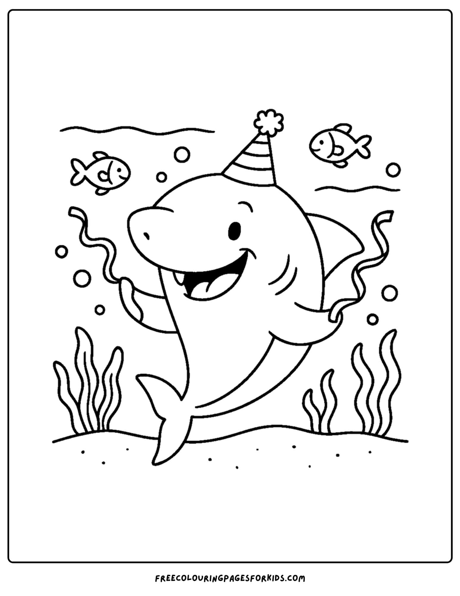 a coloring page of a shark wearing a party hat