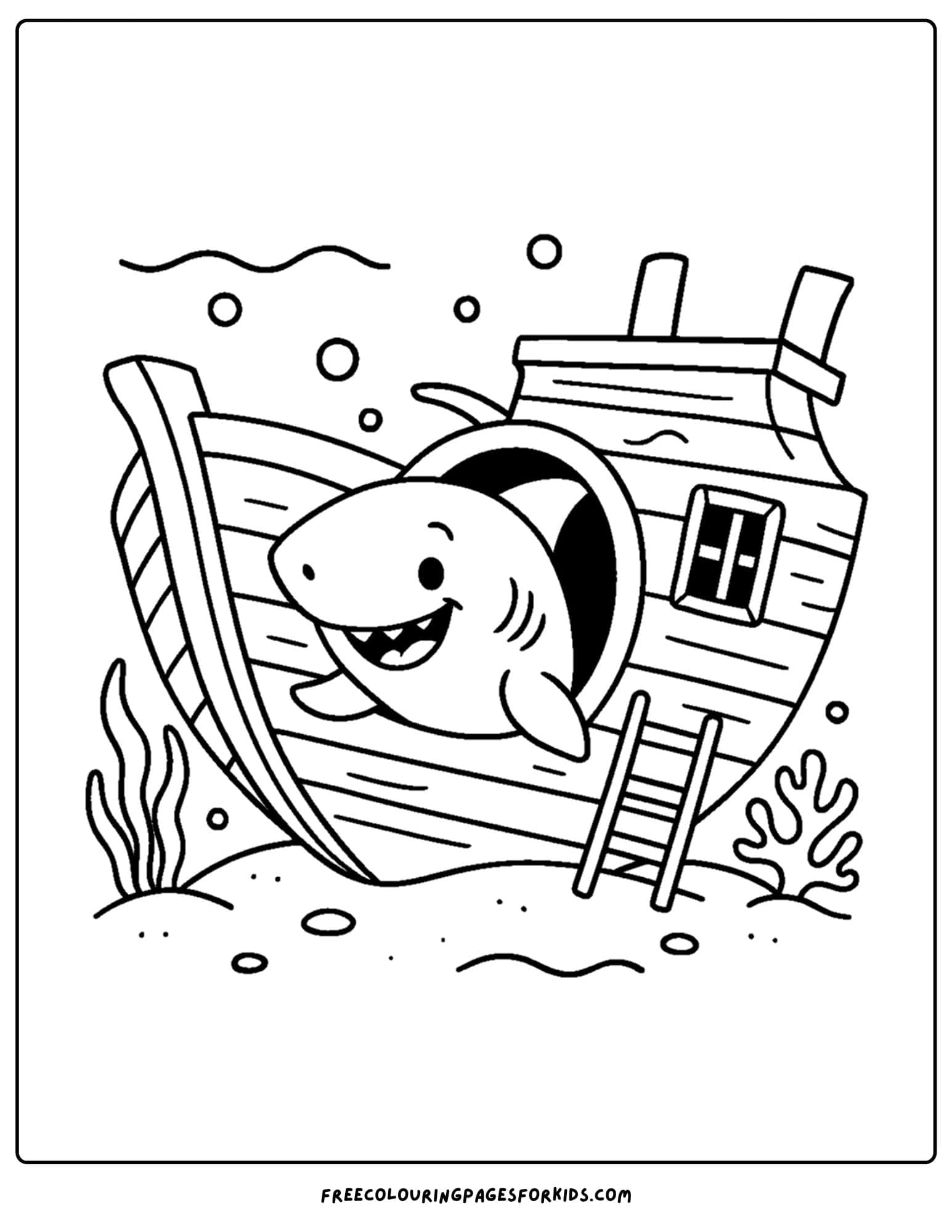 a coloring page of a shark coming out of a shipwreck