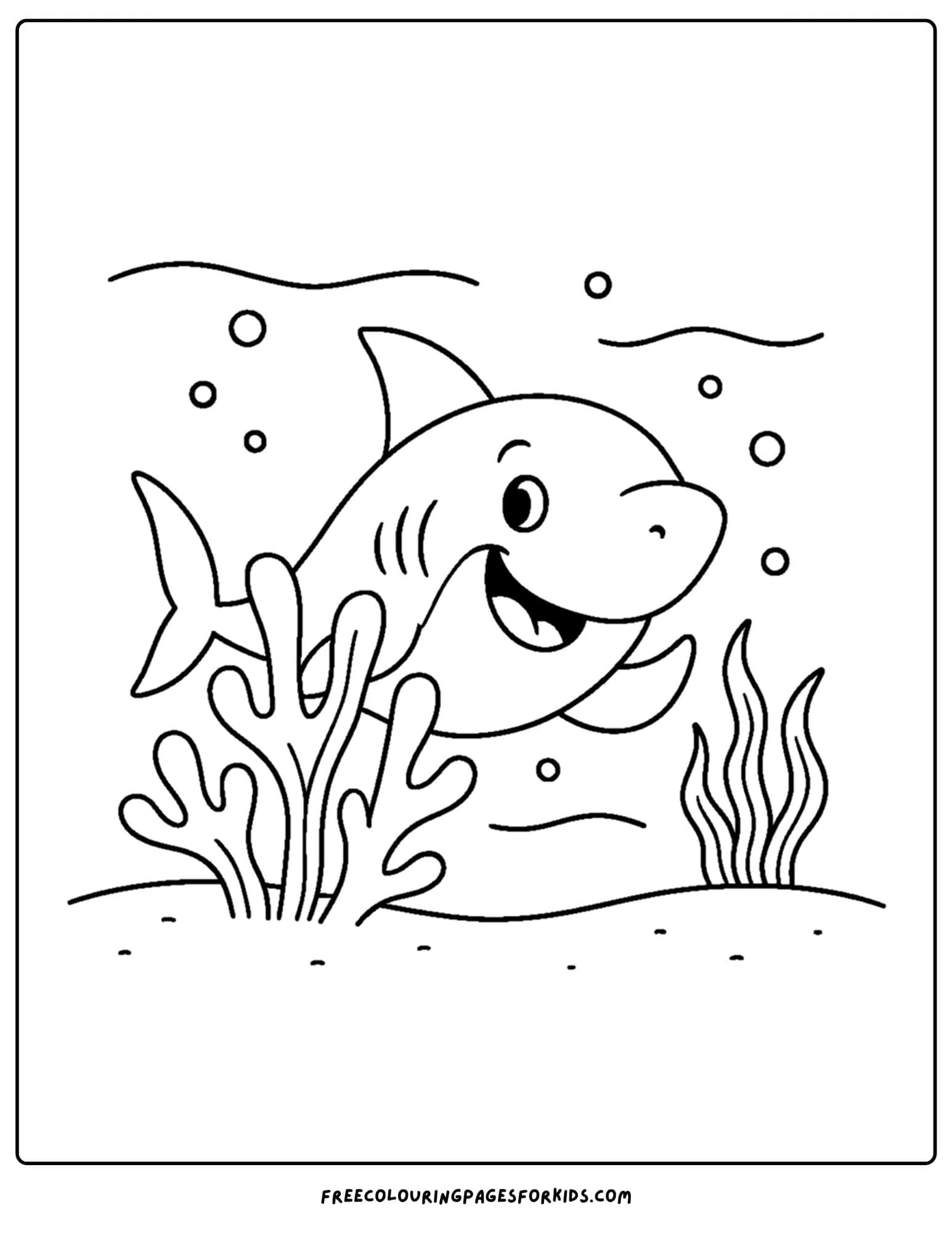 a coloring page of a shark hiding behind coral