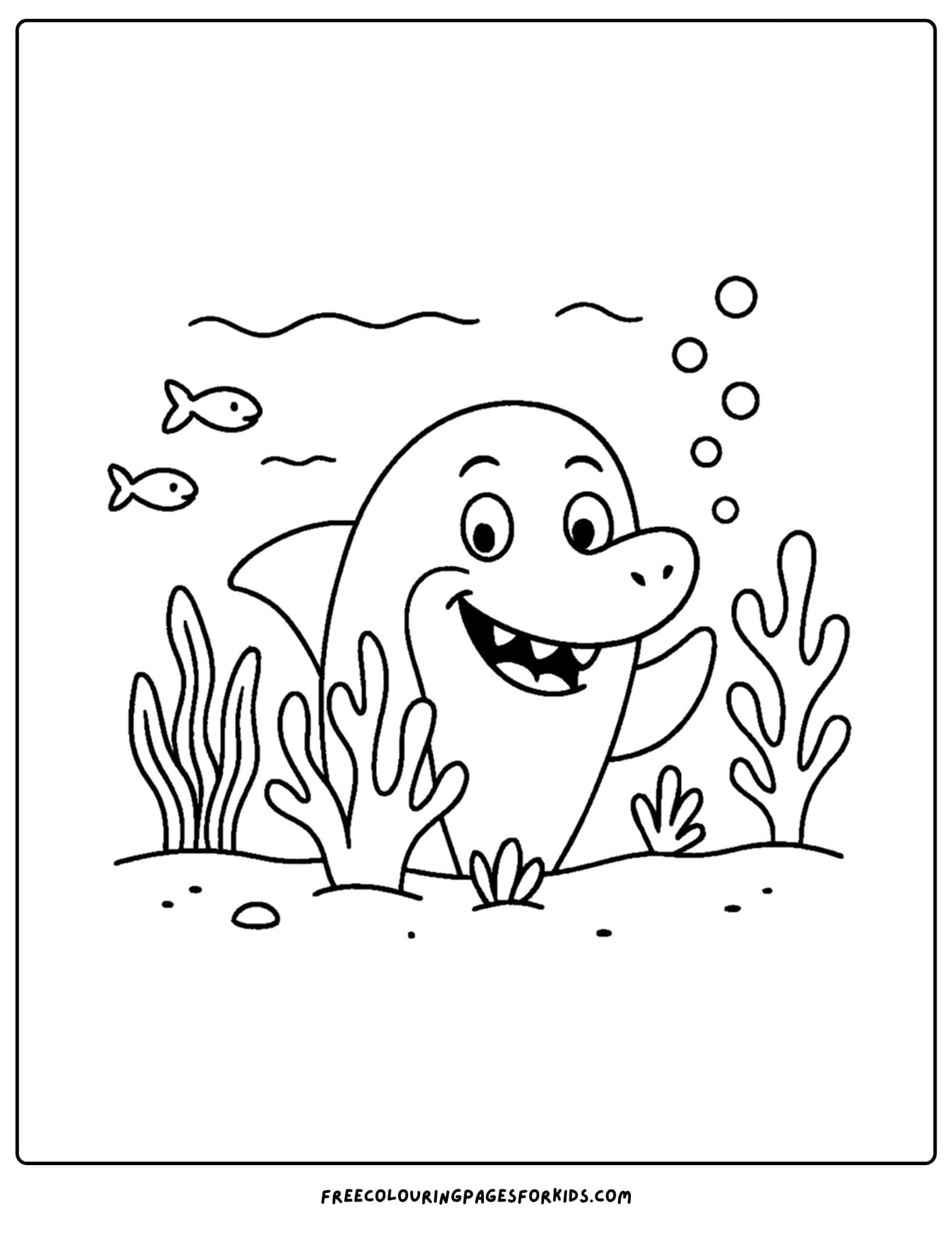 a coloring page of a shark popping up behind coral