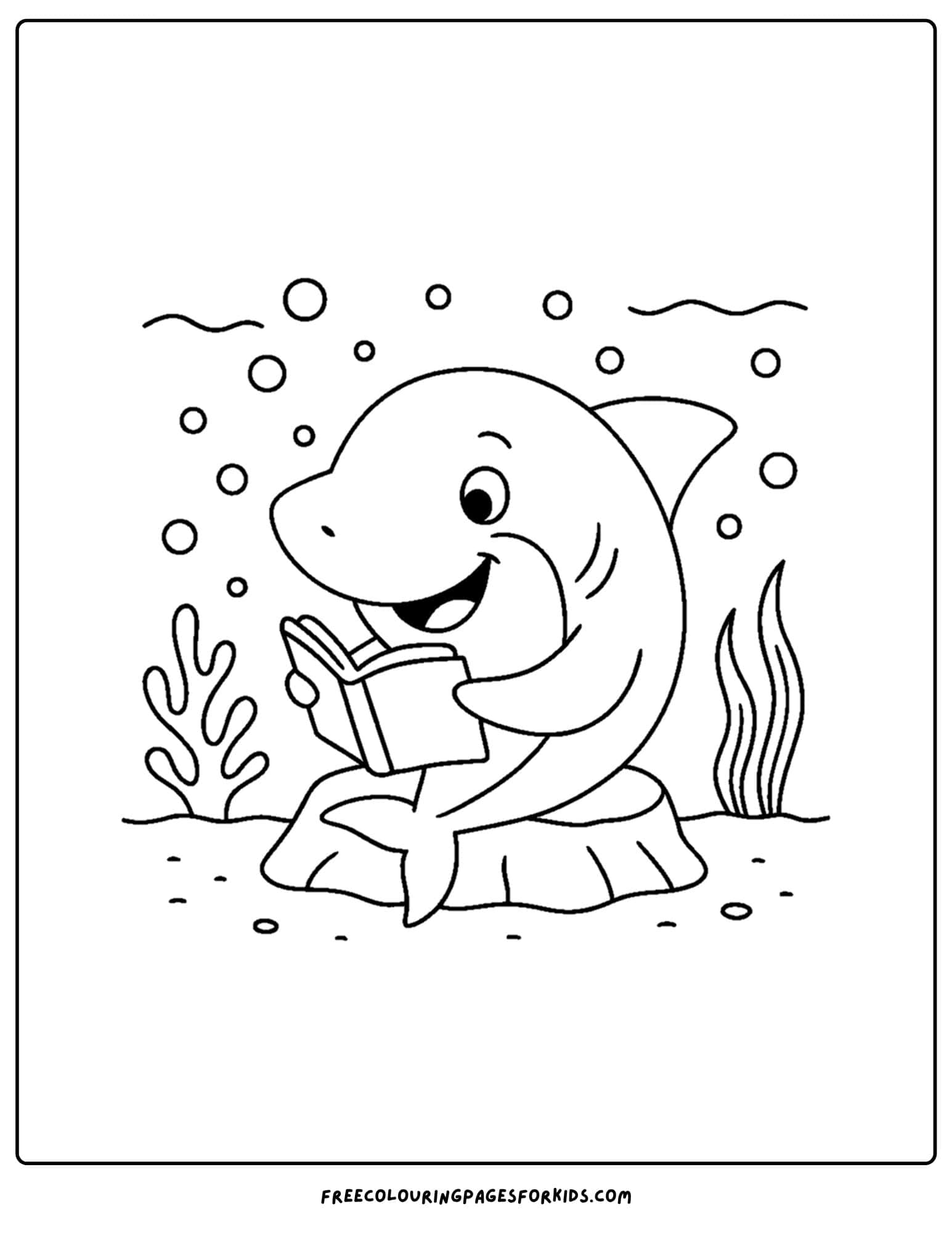 a coloring page of a shark reading a book on a rock