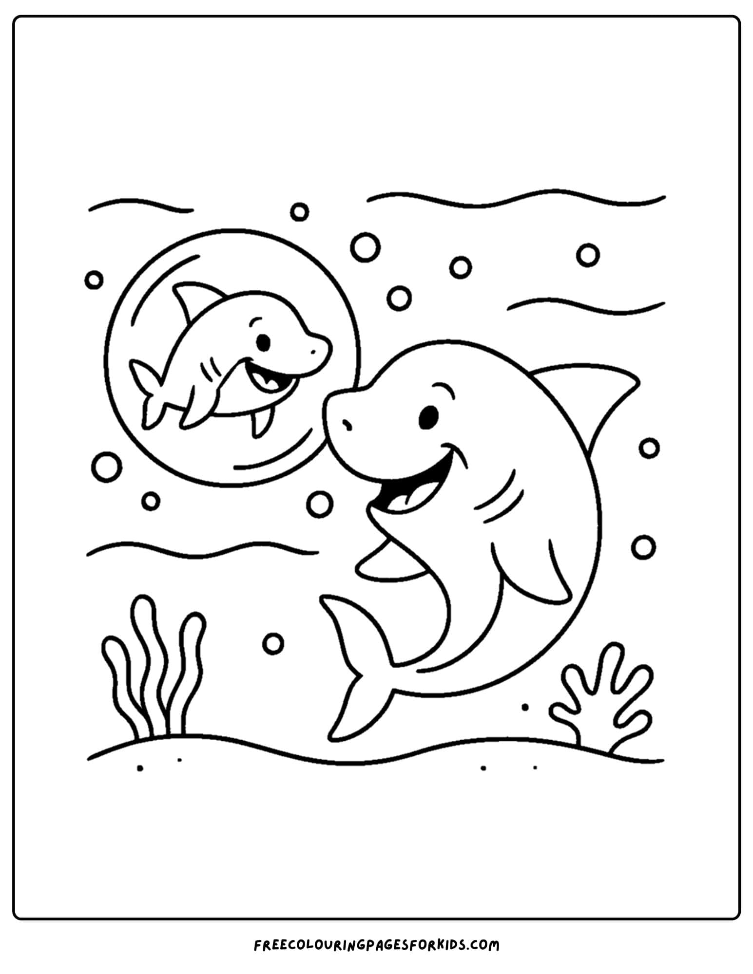 a coloring page of a shark looking at its reflection in bubble