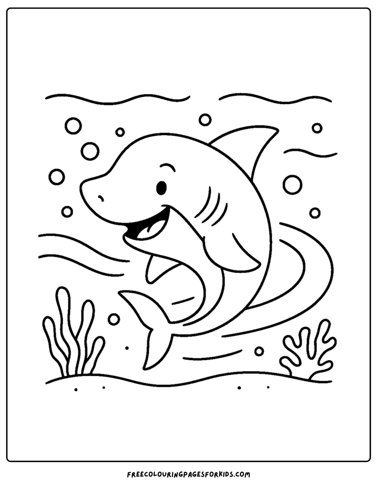 a coloring page of a shark riding the ocean currents
