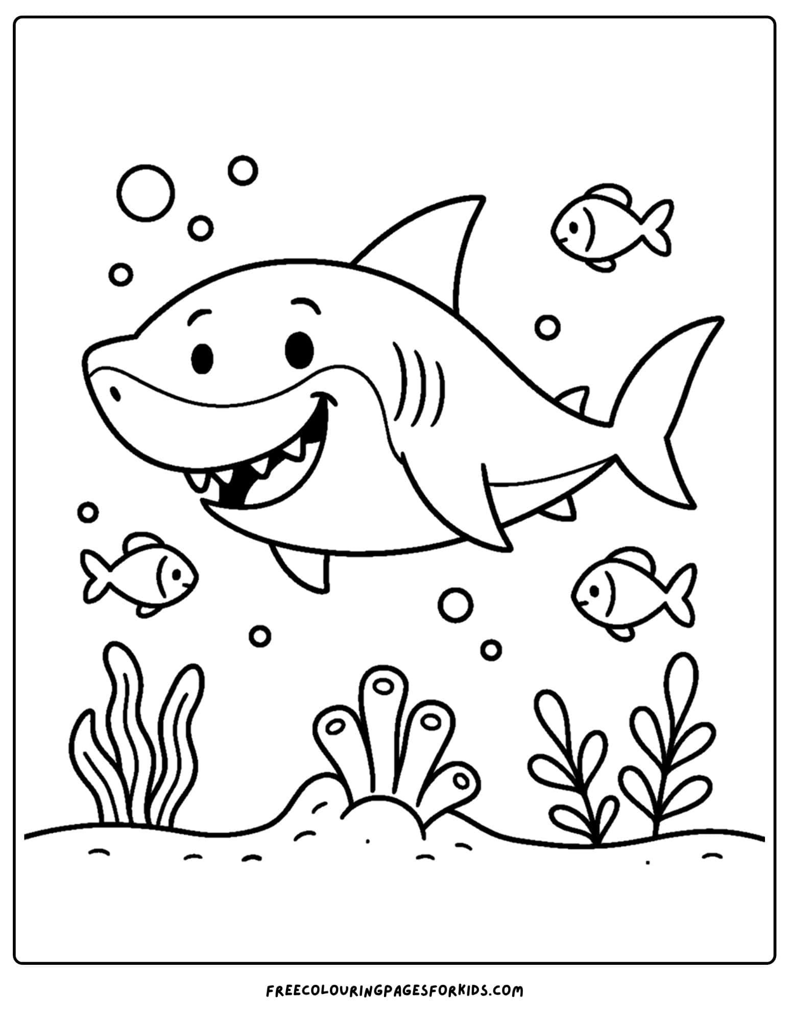a coloring page of a shark swimming with fish